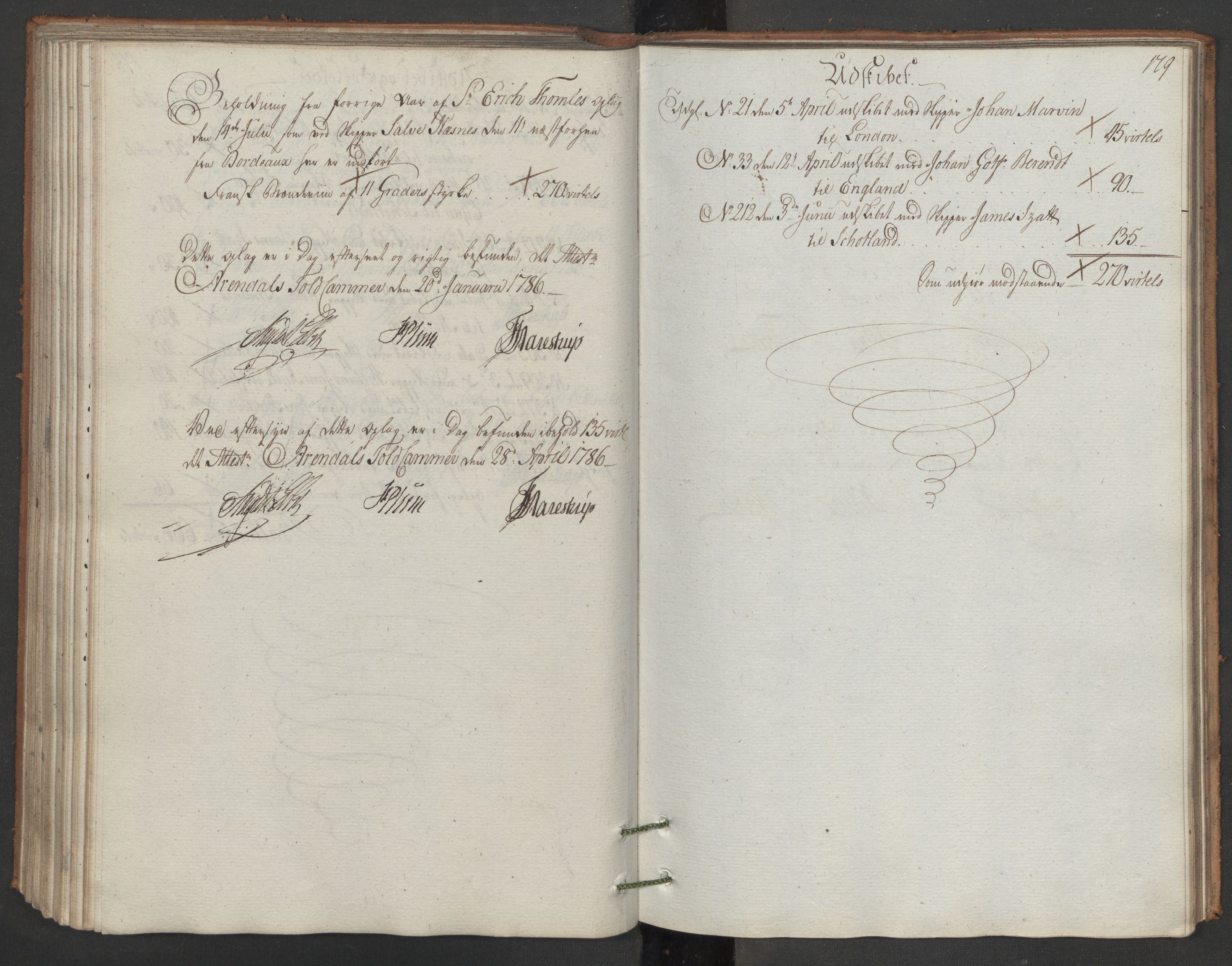 Generaltollkammeret, tollregnskaper, AV/RA-EA-5490/R15/L0105/0001: Tollregnskaper Arendal / Inngående hovedtollbok, 1786, s. 178b-179a