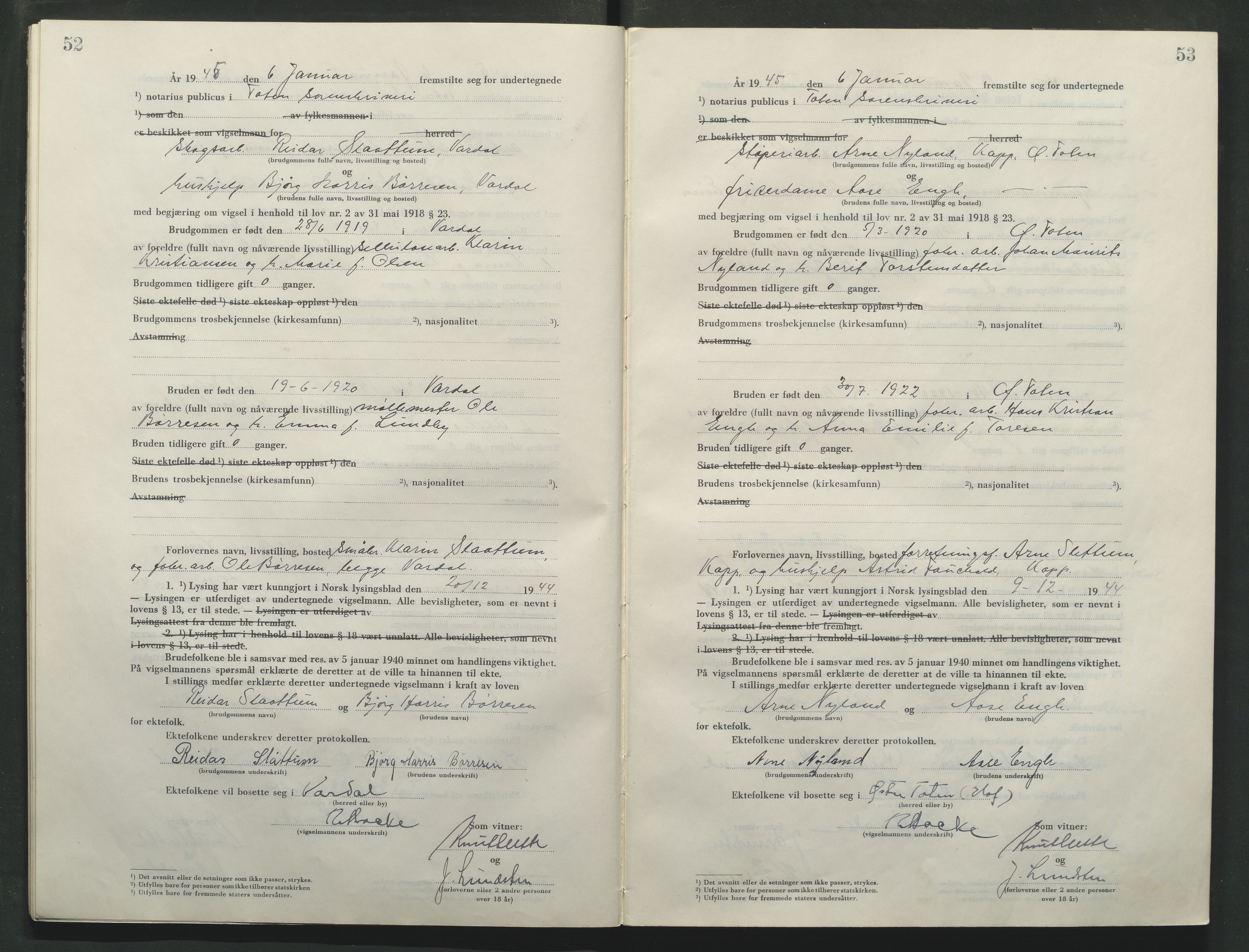 Toten tingrett, AV/SAH-TING-006/L/Lc/L0005: Vigselbok, 1944-1948, s. 52-53