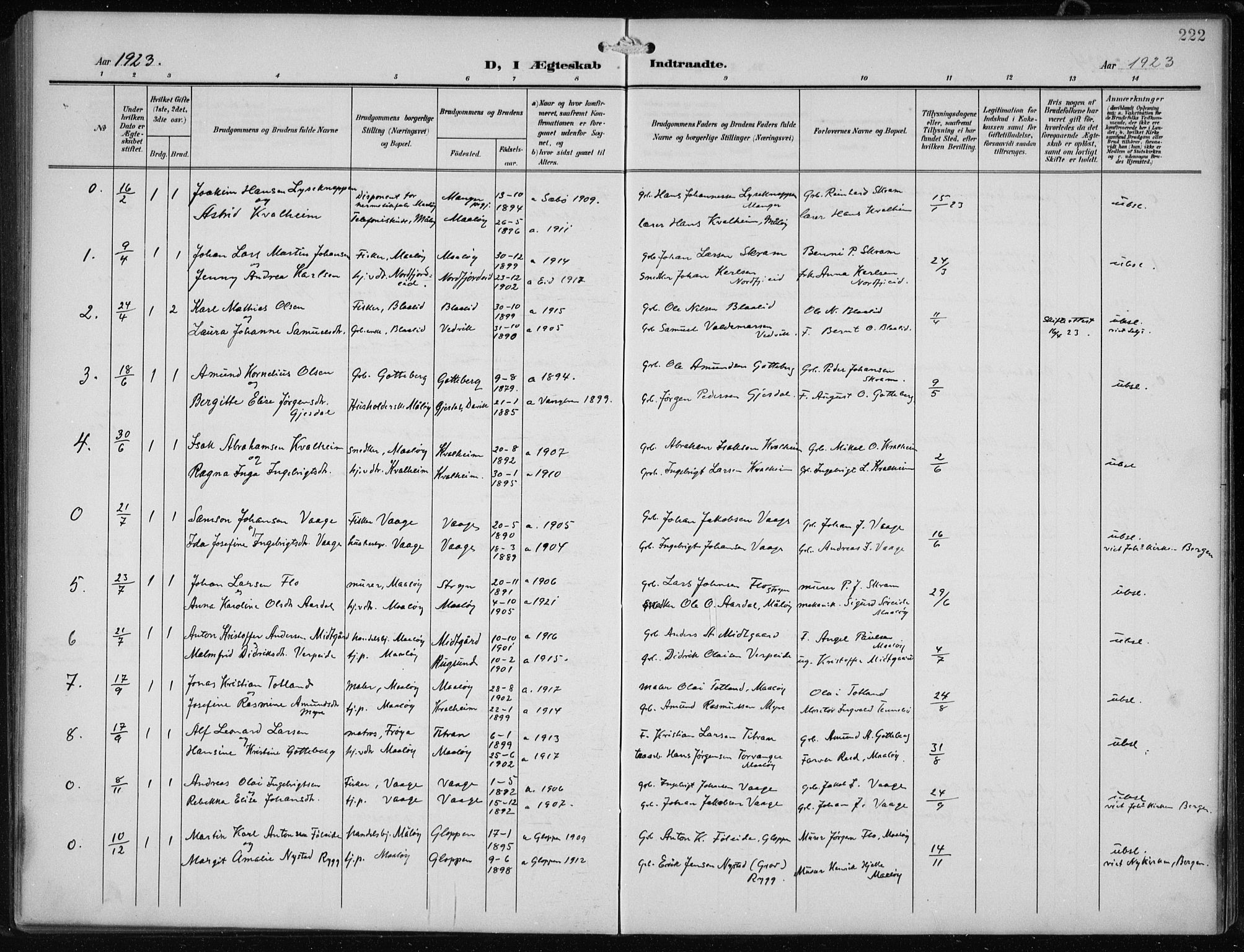 Vågsøy sokneprestembete, AV/SAB-A-81601/H/Hab: Klokkerbok nr. B 1, 1906-1934, s. 222