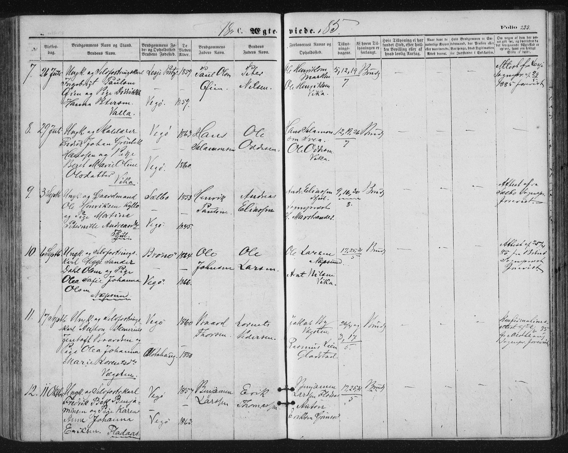 Ministerialprotokoller, klokkerbøker og fødselsregistre - Nordland, AV/SAT-A-1459/816/L0241: Ministerialbok nr. 816A07, 1870-1885, s. 233