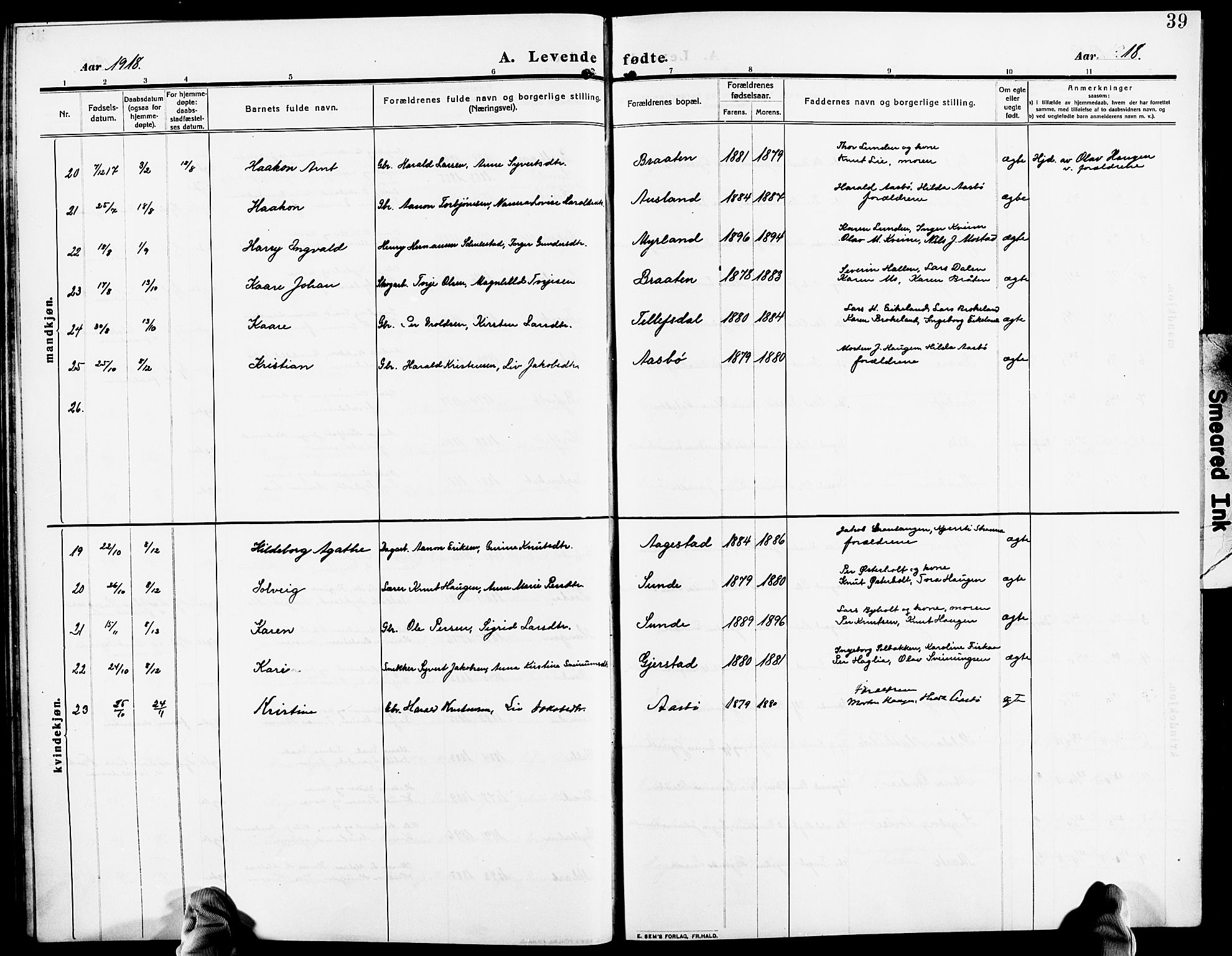 Gjerstad sokneprestkontor, AV/SAK-1111-0014/F/Fb/Fba/L0008: Klokkerbok nr. B 8, 1909-1925, s. 39