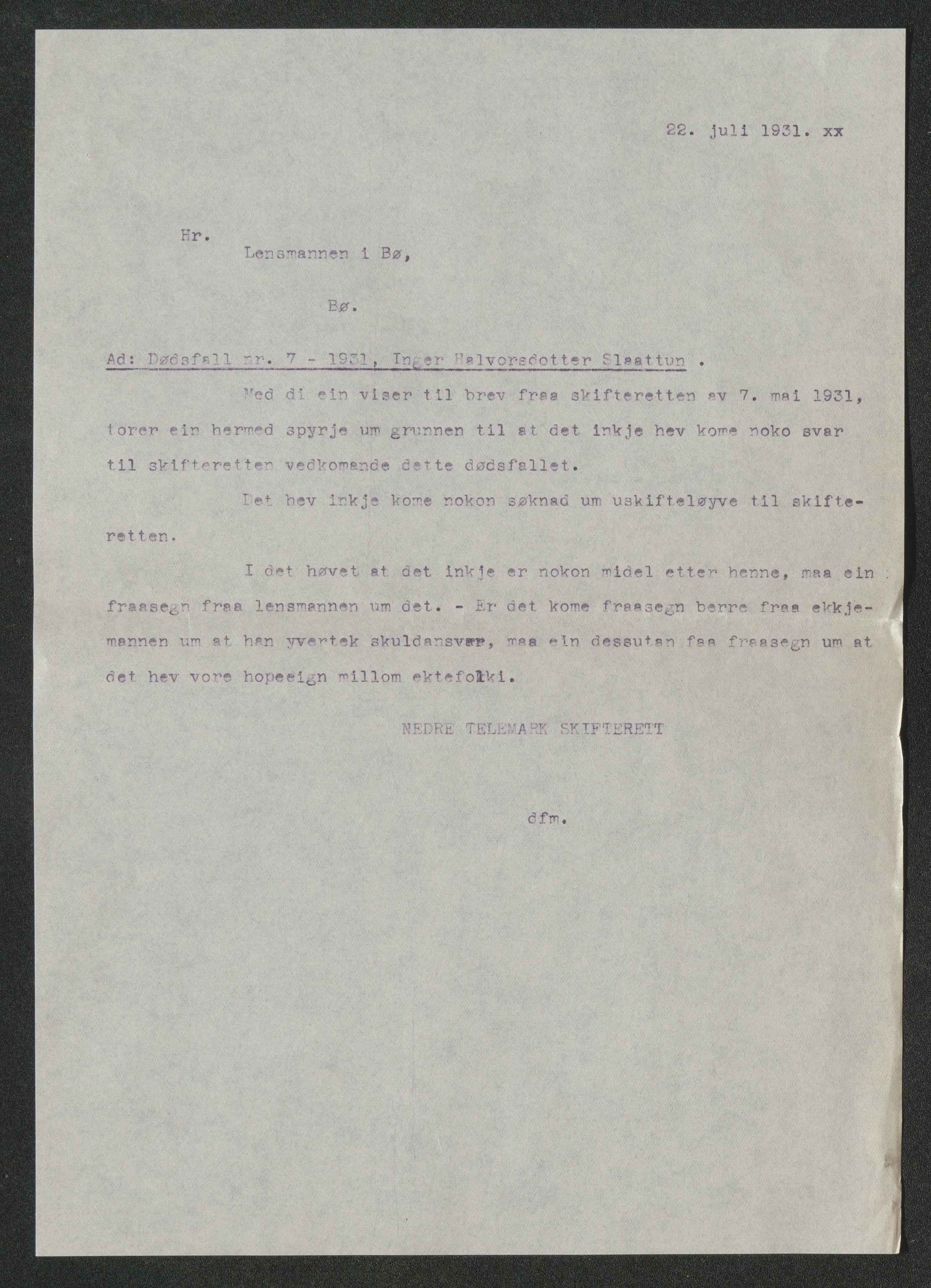 Nedre Telemark sorenskriveri, AV/SAKO-A-135/H/Ha/Hab/L0008: Dødsfallsfortegnelser
, 1931-1935, s. 286