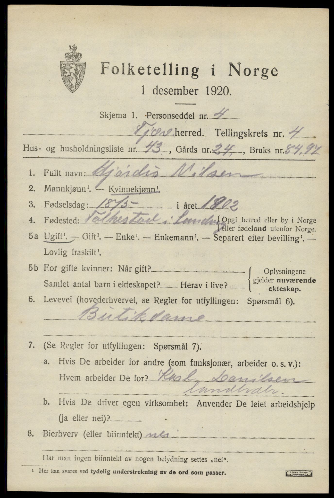 SAK, Folketelling 1920 for 0923 Fjære herred, 1920, s. 6749