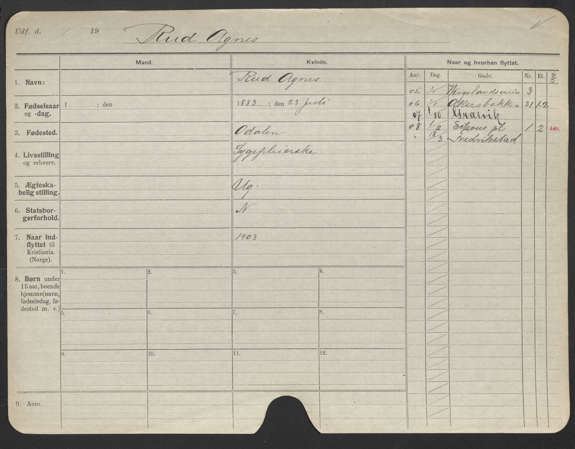 Oslo folkeregister, Registerkort, AV/SAO-A-11715/F/Fa/Fac/L0023: Kvinner, 1906-1914, s. 303a