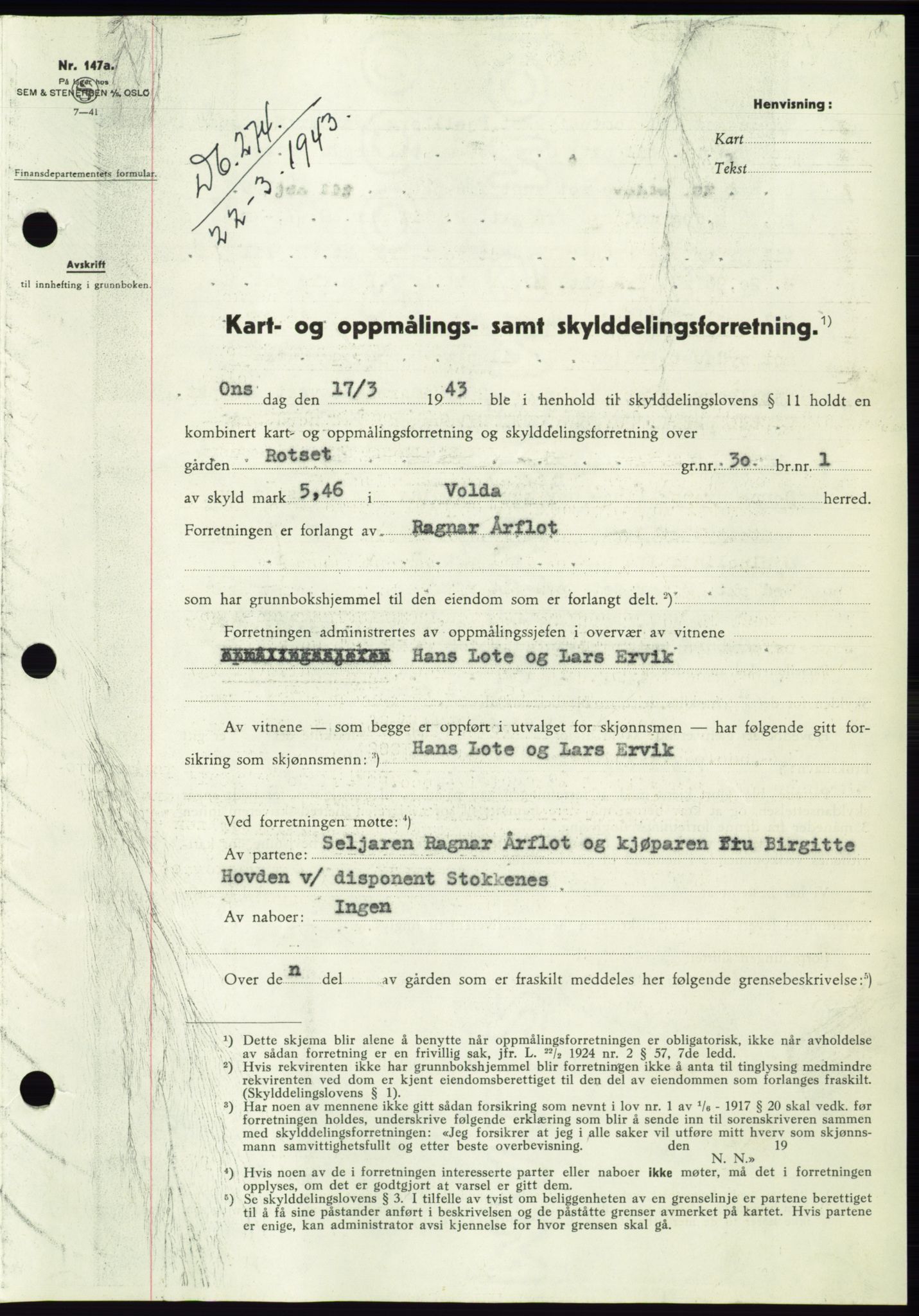 Søre Sunnmøre sorenskriveri, AV/SAT-A-4122/1/2/2C/L0075: Pantebok nr. 1A, 1943-1943, Dagboknr: 274/1943