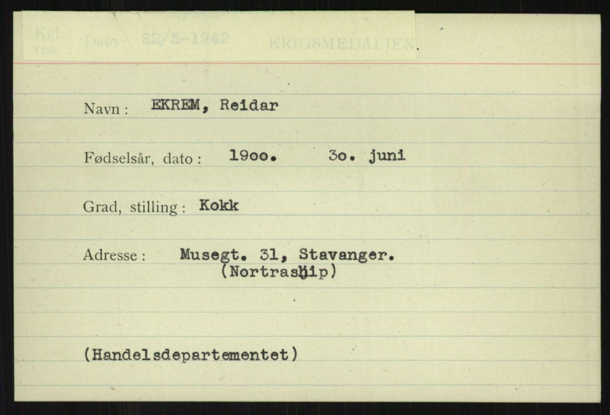 Direktoratet for sjømenn, AV/RA-S-3545/G/Gi/L0005: Alfabetisk ordnet kartotek over krigsdekorasjoner tildelt nordmenn under krigen, Ekeberg - Hendriksen, 1940-1945, s. 19