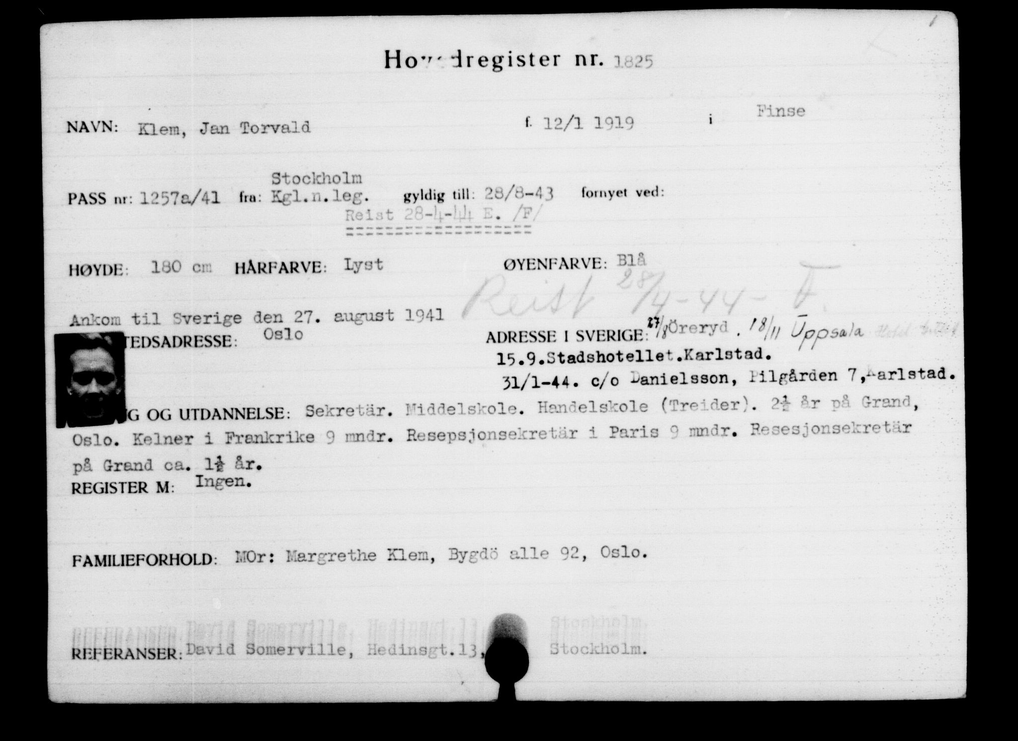 Utenriksstasjonene, Legasjonen i Stockholm, Flyktningkontoret, AV/RA-S-6753/V/Va/L0002: Kjesäterkartoteket, flyktninger med registreringsnr. 1001-2000, 1940-1945, s. 1177