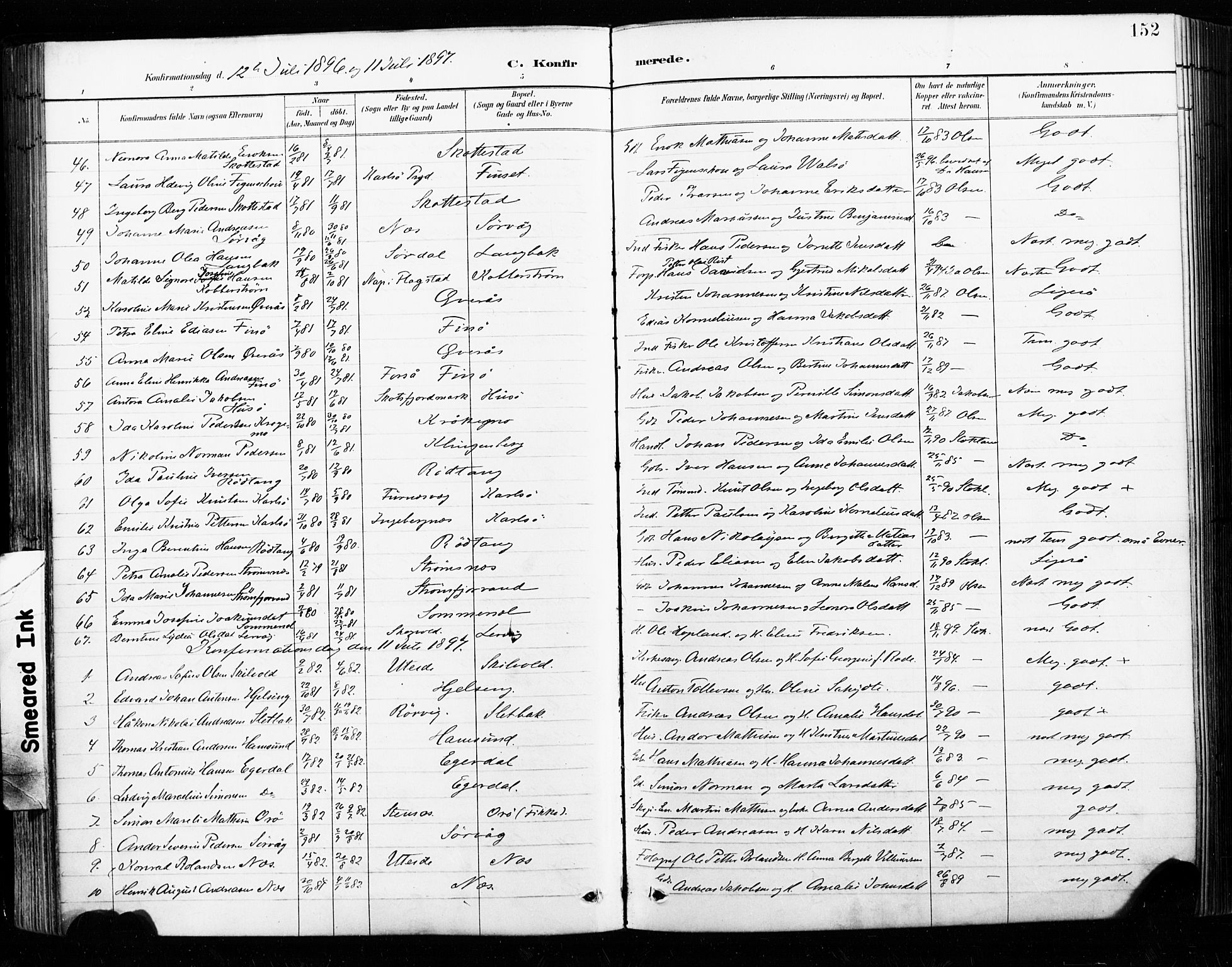 Ministerialprotokoller, klokkerbøker og fødselsregistre - Nordland, SAT/A-1459/859/L0847: Ministerialbok nr. 859A07, 1890-1899, s. 152