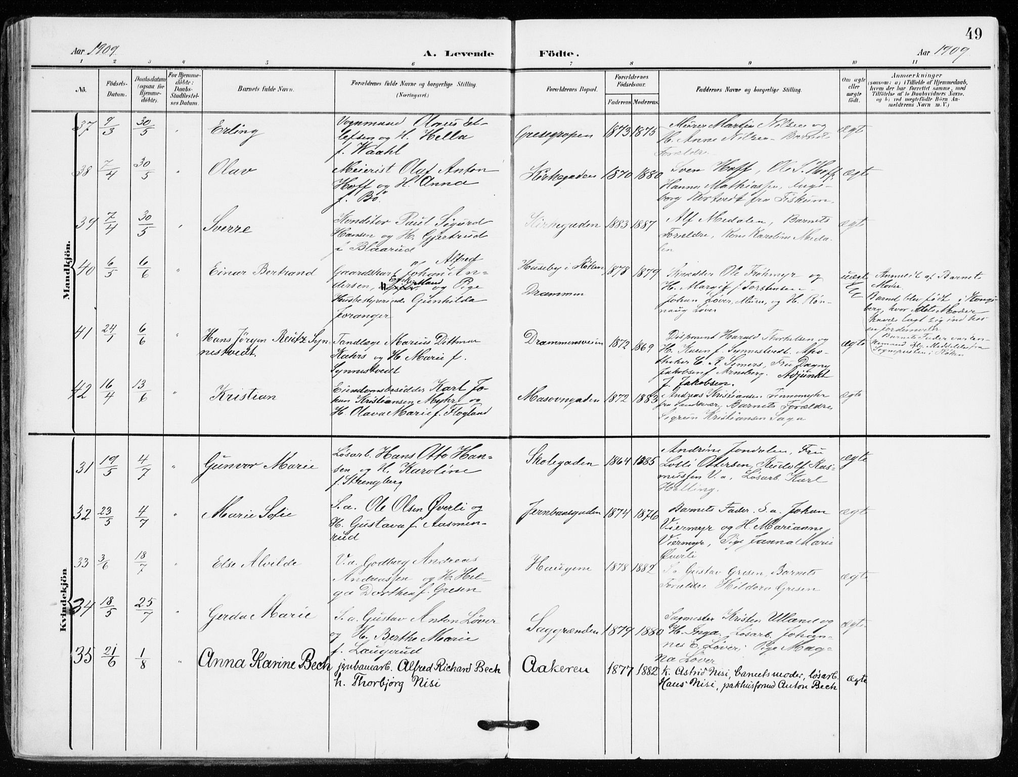 Kongsberg kirkebøker, AV/SAKO-A-22/F/Fb/L0004: Ministerialbok nr. II 4, 1906-1918, s. 49