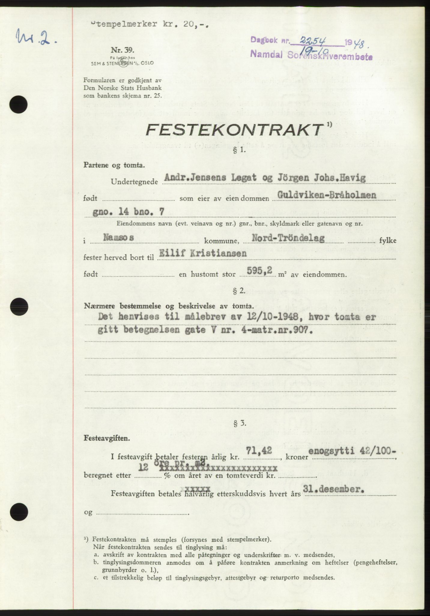Namdal sorenskriveri, SAT/A-4133/1/2/2C: Pantebok nr. -, 1948-1948, Dagboknr: 2254/1948