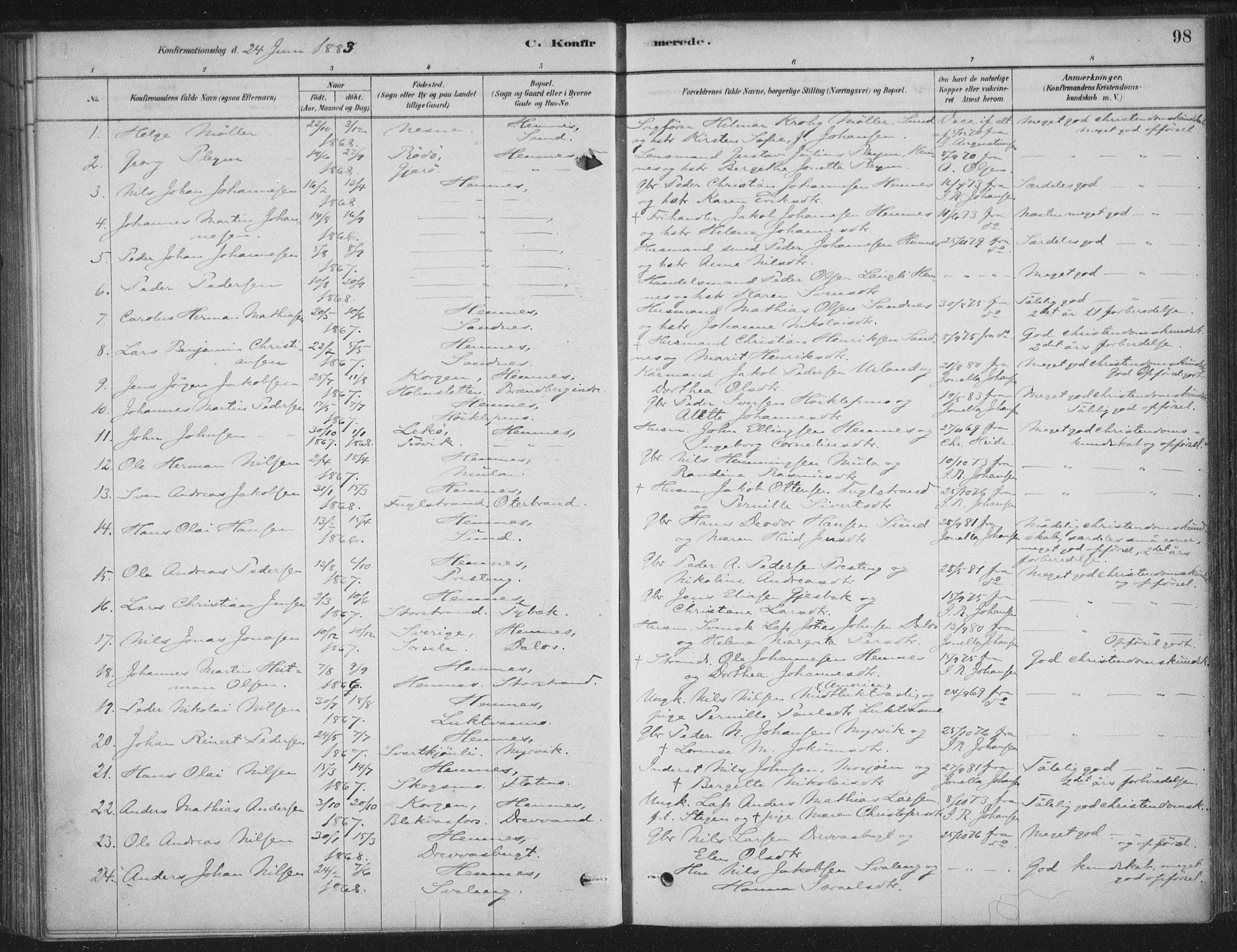 Ministerialprotokoller, klokkerbøker og fødselsregistre - Nordland, SAT/A-1459/825/L0361: Ministerialbok nr. 825A15, 1878-1893, s. 98