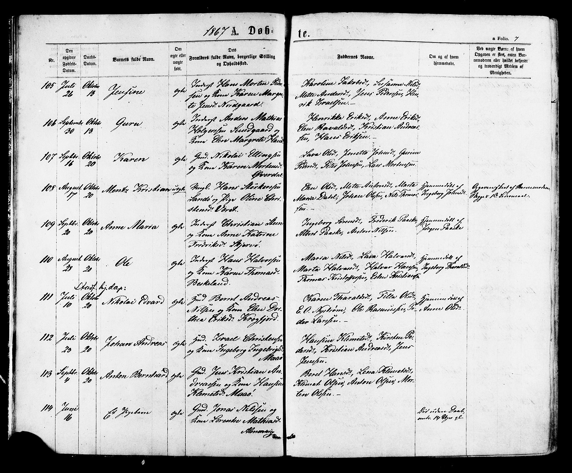 Ministerialprotokoller, klokkerbøker og fødselsregistre - Sør-Trøndelag, SAT/A-1456/657/L0706: Ministerialbok nr. 657A07, 1867-1878, s. 7