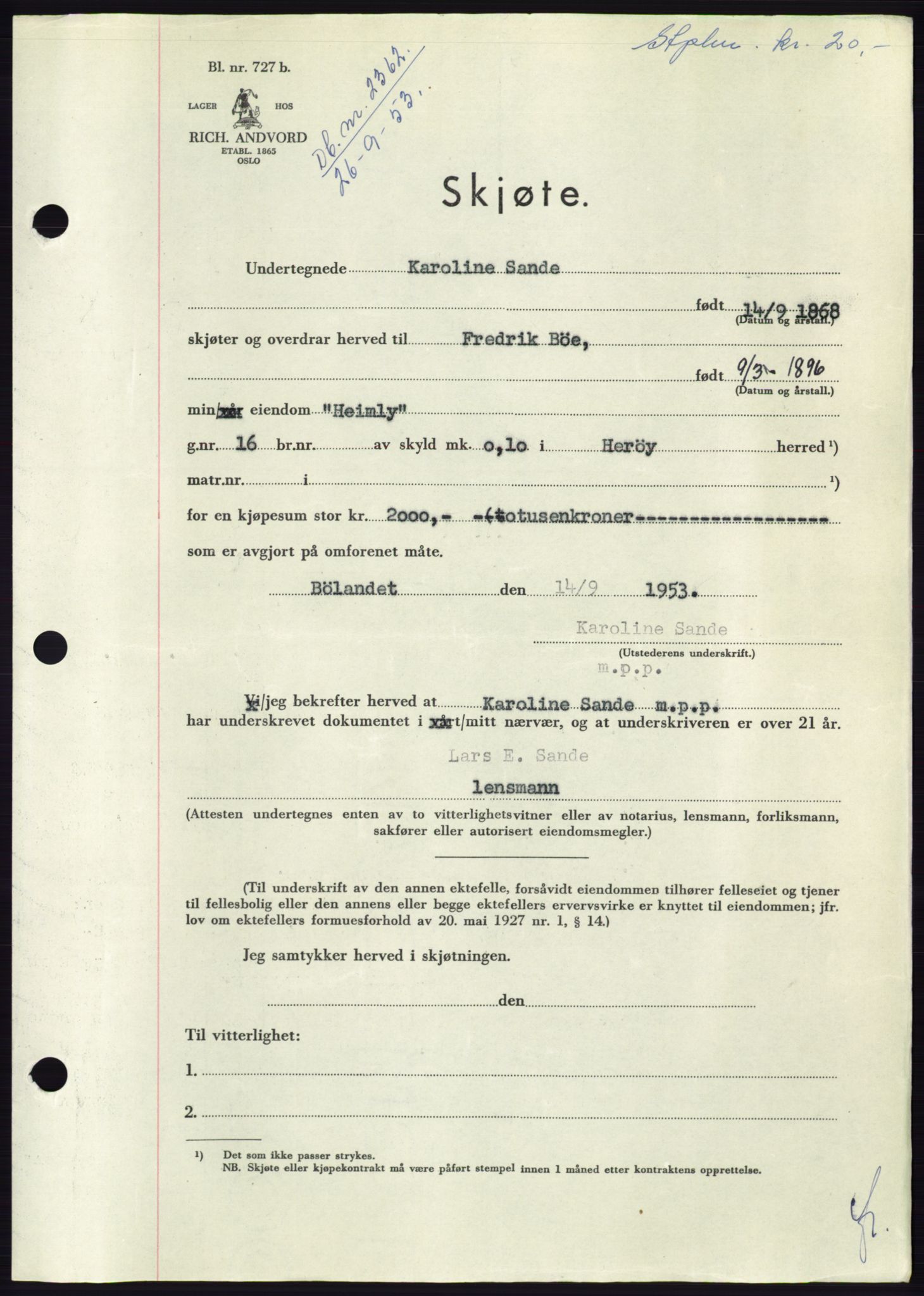 Søre Sunnmøre sorenskriveri, AV/SAT-A-4122/1/2/2C/L0095: Pantebok nr. 21A, 1953-1953, Dagboknr: 2362/1953