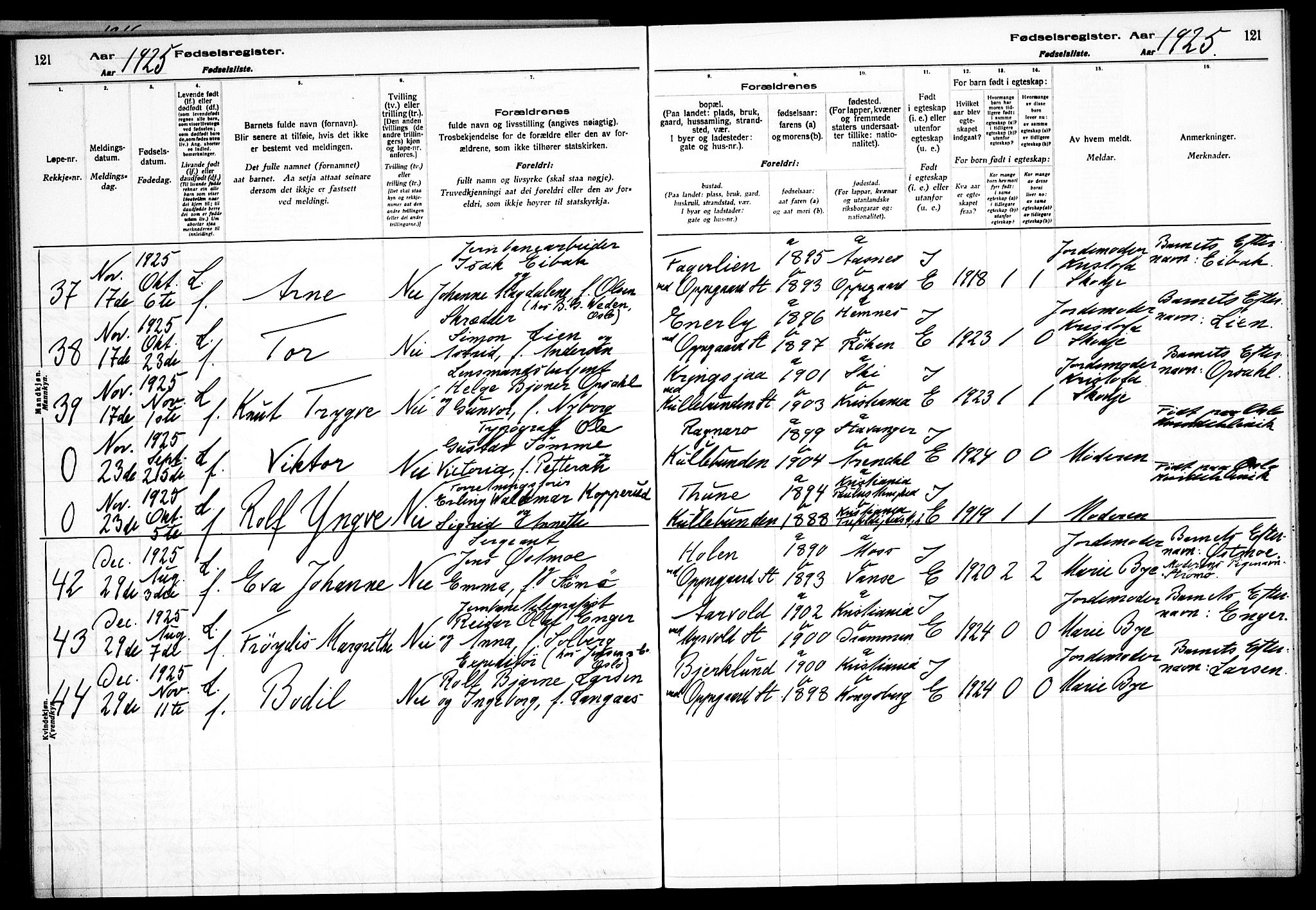 Nesodden prestekontor Kirkebøker, AV/SAO-A-10013/J/Jb/L0001: Fødselsregister nr. II 1, 1916-1933, s. 121