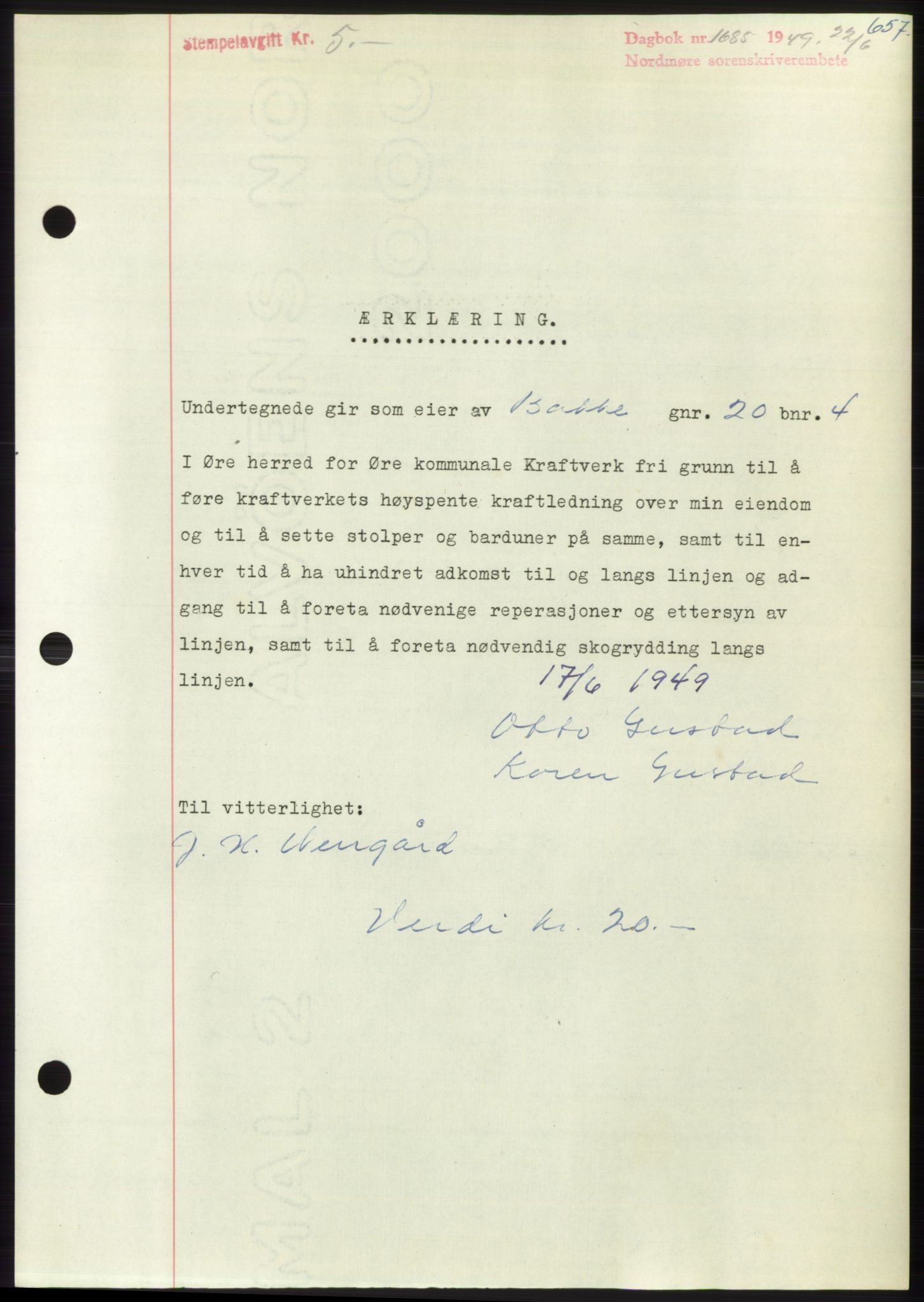 Nordmøre sorenskriveri, SAT/A-4132/1/2/2Ca: Pantebok nr. B101, 1949-1949, Dagboknr: 1685/1949