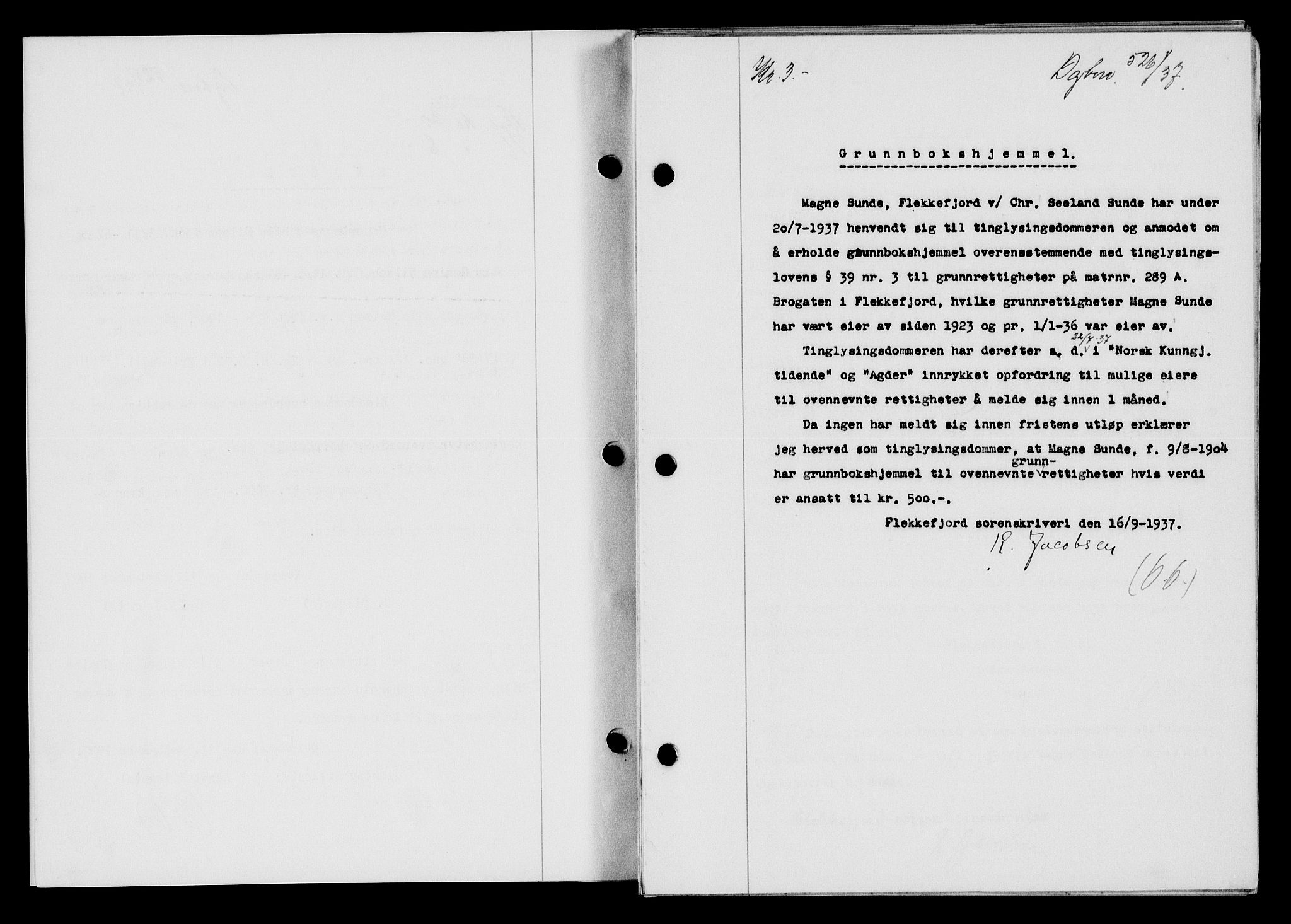 Flekkefjord sorenskriveri, SAK/1221-0001/G/Gb/Gba/L0054: Pantebok nr. A-2, 1937-1938, Dagboknr: 526/1937