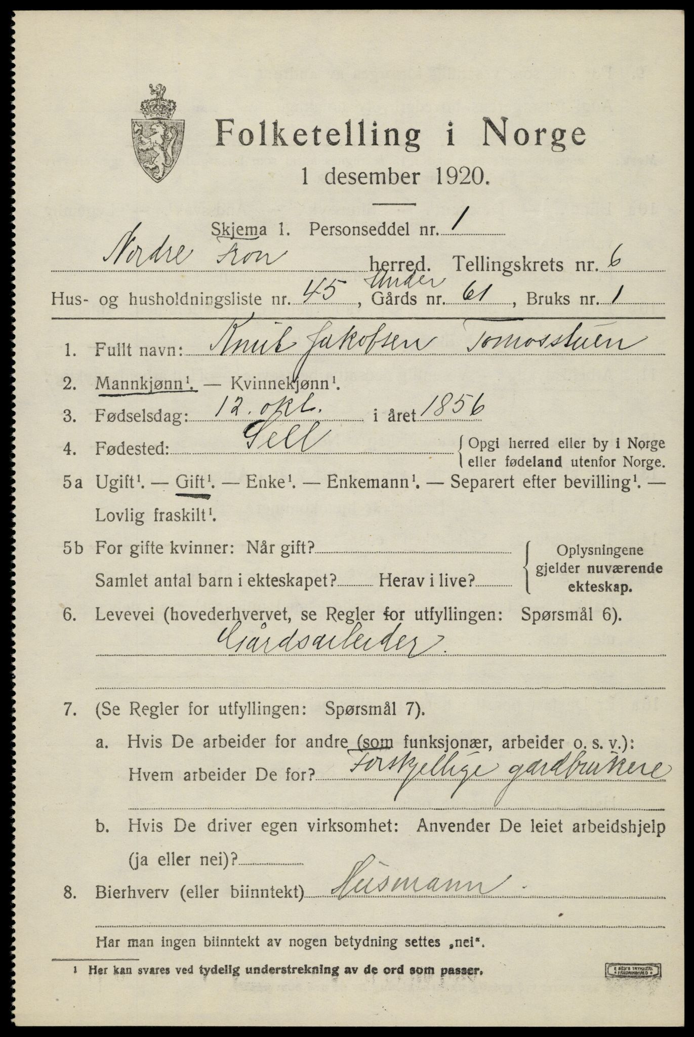 SAH, Folketelling 1920 for 0518 Nord-Fron herred, 1920, s. 5868