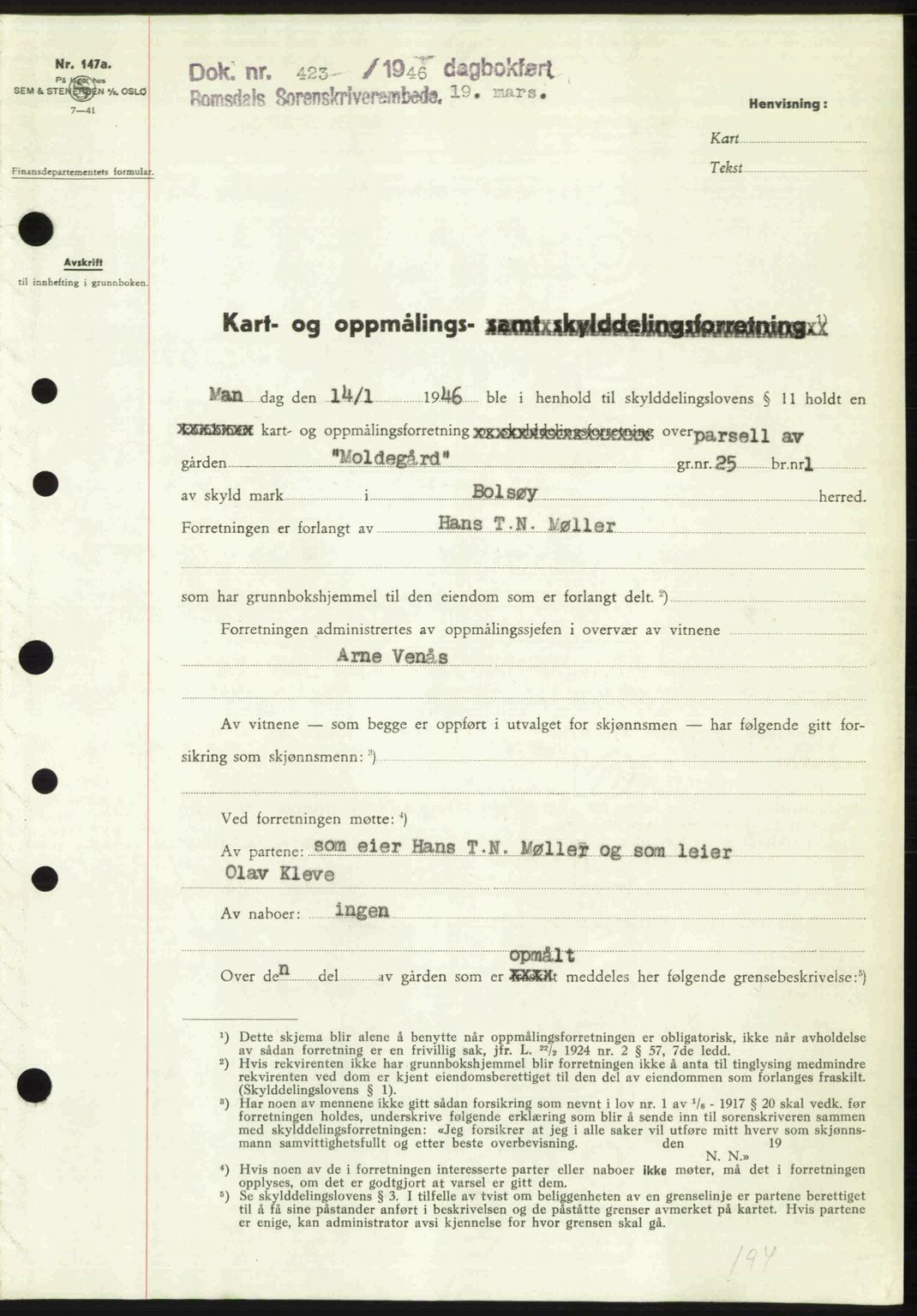 Romsdal sorenskriveri, SAT/A-4149/1/2/2C: Pantebok nr. A19, 1946-1946, Dagboknr: 423/1946
