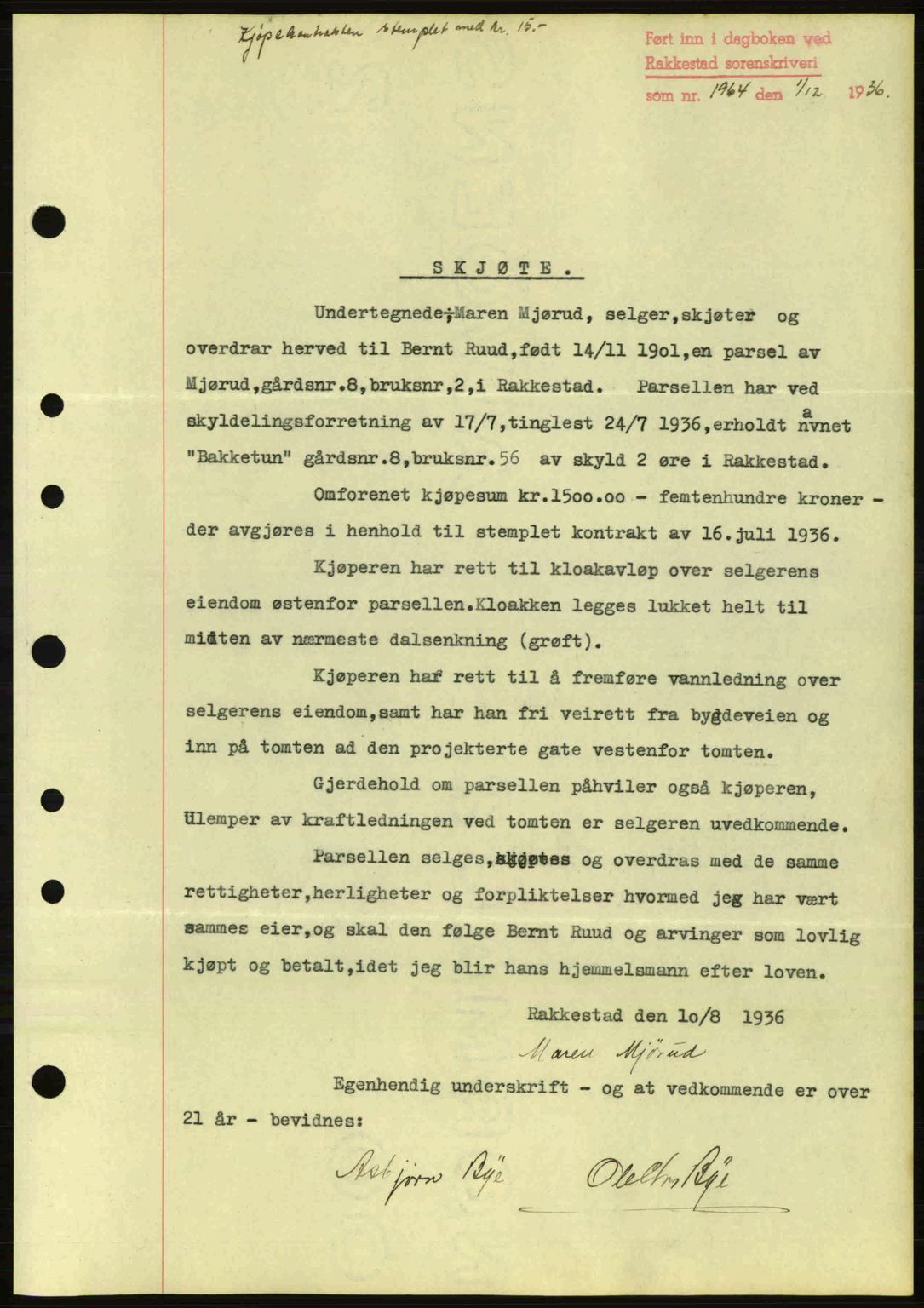 Rakkestad sorenskriveri, SAO/A-10686/G/Gb/Gba/Gbab/L0001: Pantebok nr. A1, 1936-1937, Dagboknr: 1964/1936