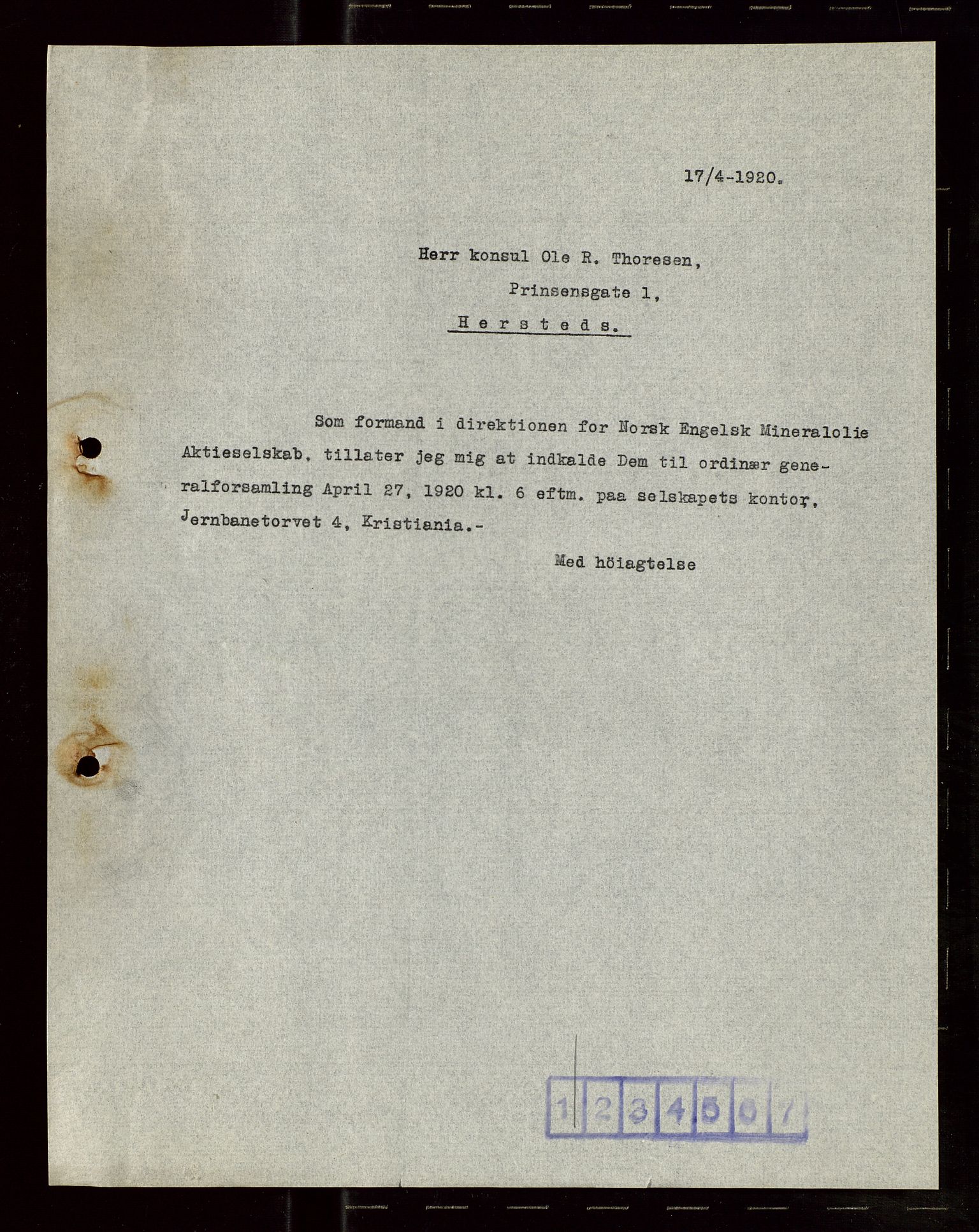 Pa 1521 - A/S Norske Shell, AV/SAST-A-101915/E/Ea/Eaa/L0009: Sjefskorrespondanse, 1920, s. 7