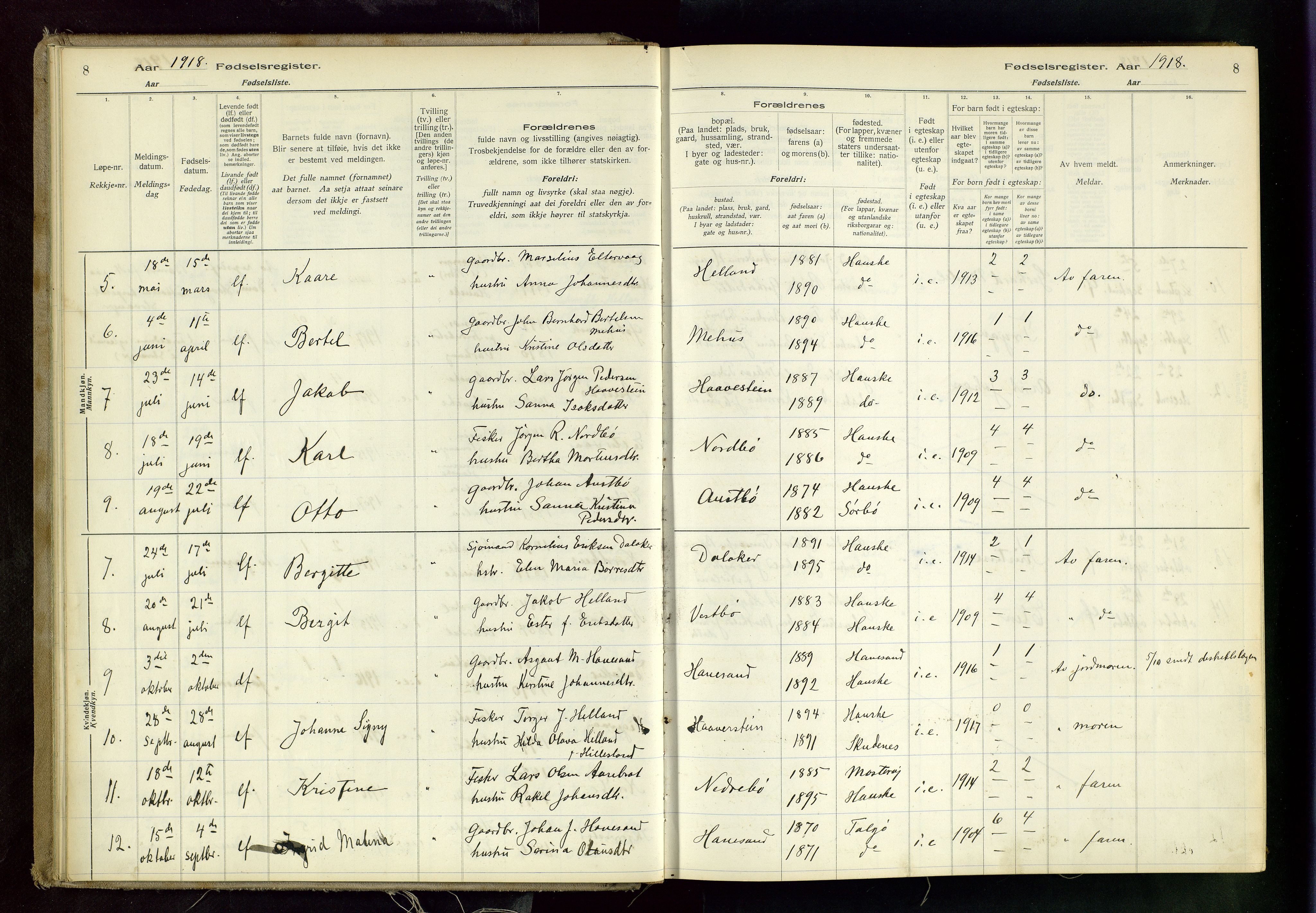 Rennesøy sokneprestkontor, AV/SAST-A -101827/I/Id/L0001: Fødselsregister nr. 1, 1916-1982, s. 8