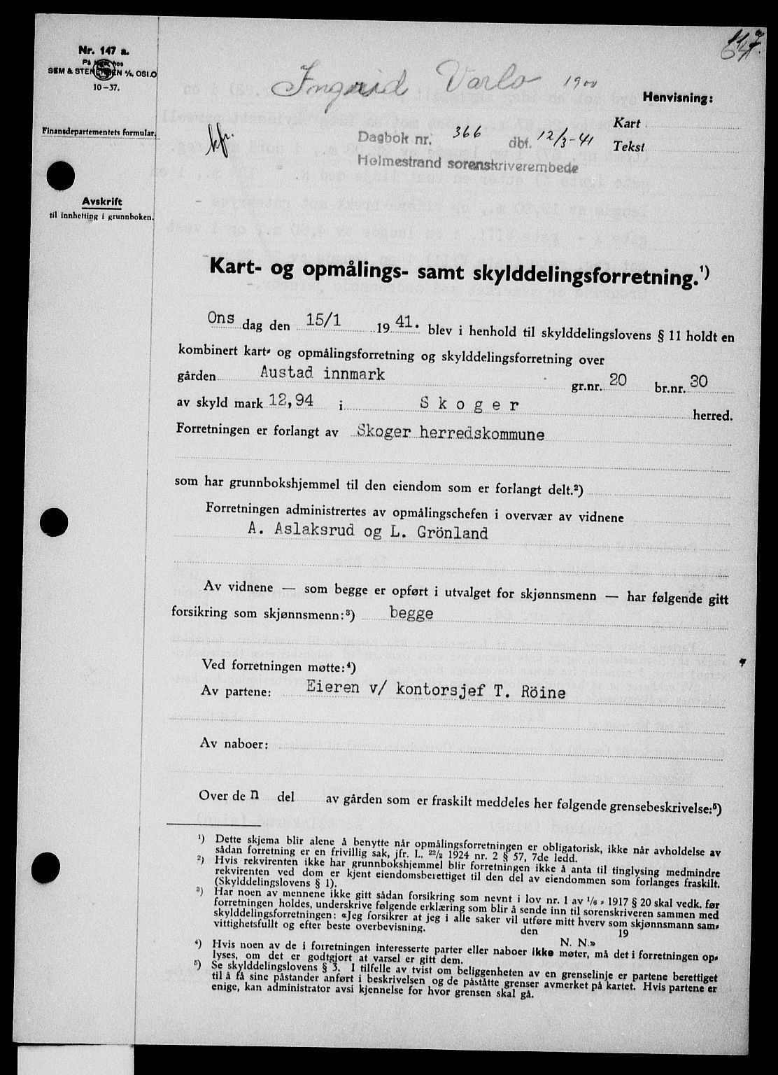 Holmestrand sorenskriveri, SAKO/A-67/G/Ga/Gaa/L0053: Pantebok nr. A-53, 1941-1941, Dagboknr: 366/1941
