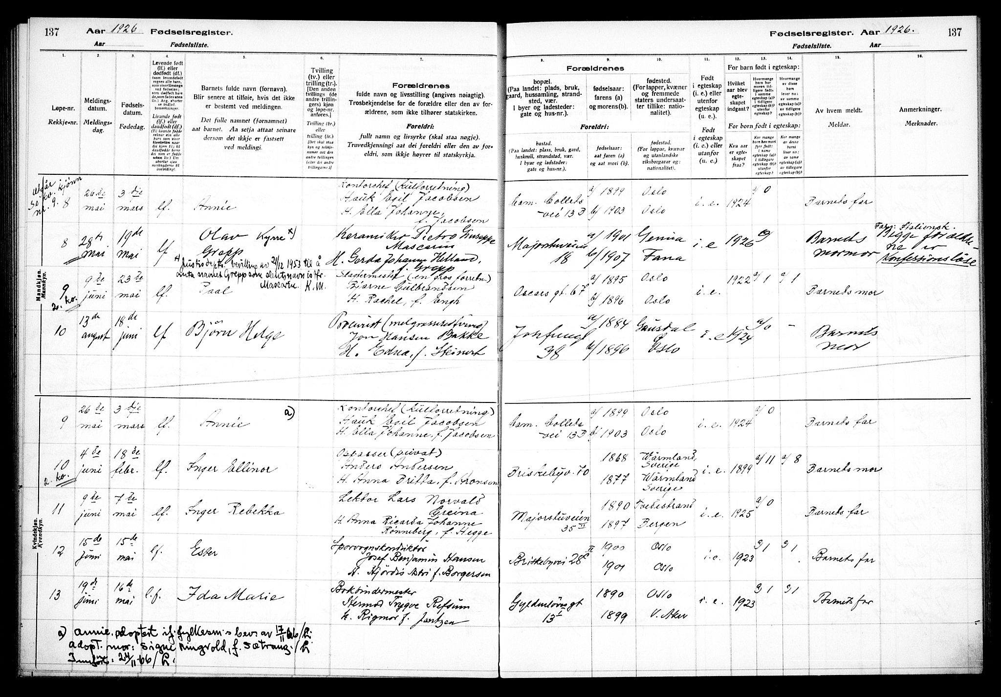 Uranienborg prestekontor Kirkebøker, AV/SAO-A-10877/J/Ja/L0001: Fødselsregister nr. 1, 1916-1930, s. 137