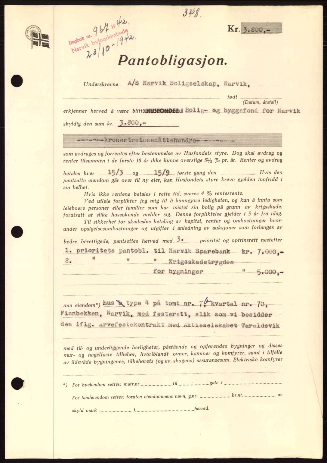 Narvik sorenskriveri, SAT/A-0002/1/2/2C/2Ca: Pantebok nr. A19, 1942-1943, Dagboknr: 967/1942