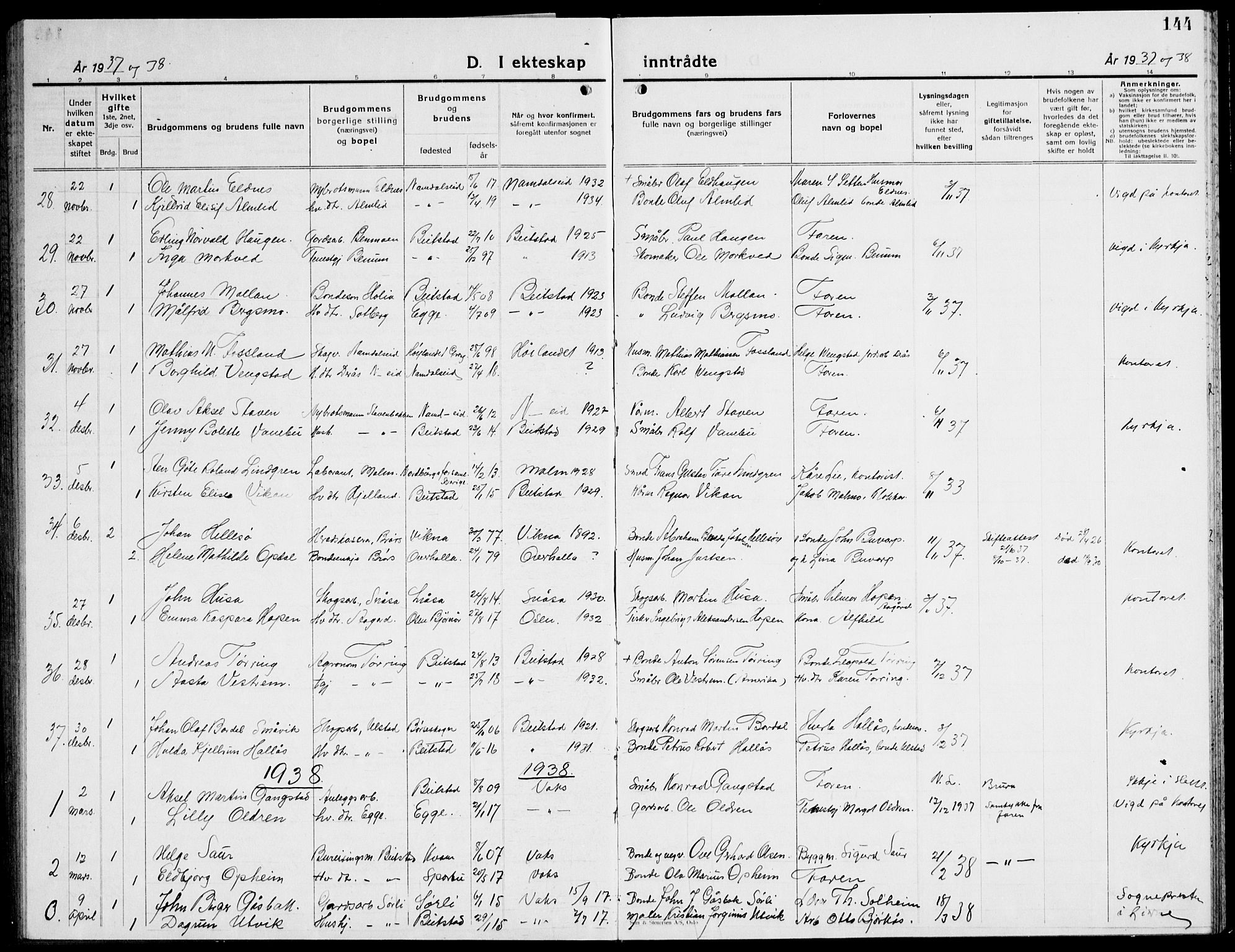 Ministerialprotokoller, klokkerbøker og fødselsregistre - Nord-Trøndelag, SAT/A-1458/741/L0403: Klokkerbok nr. 741C04, 1925-1944, s. 144