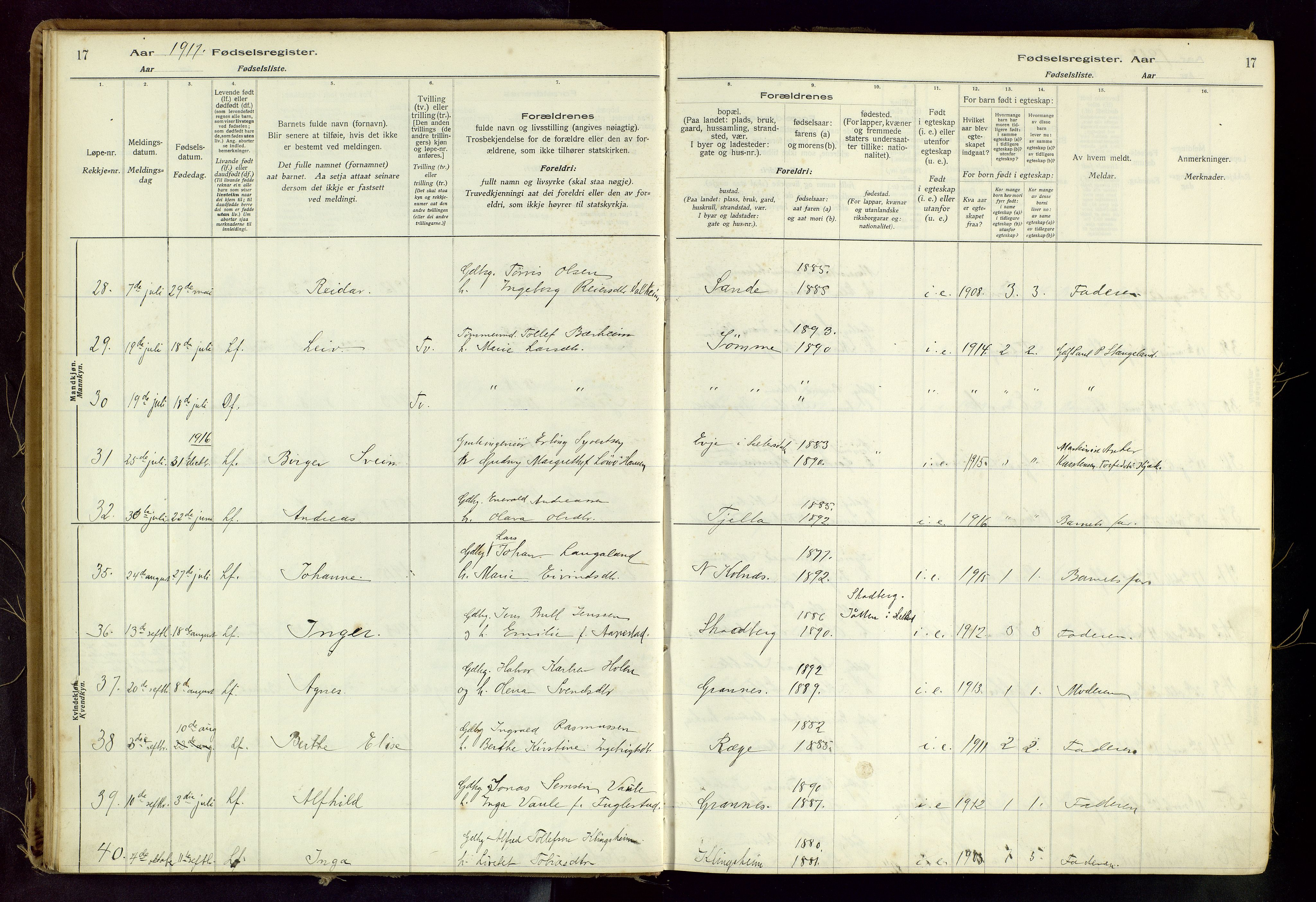 Håland sokneprestkontor, AV/SAST-A-101802/001/704BA/L0001: Fødselsregister nr. 1, 1916-1936, s. 17