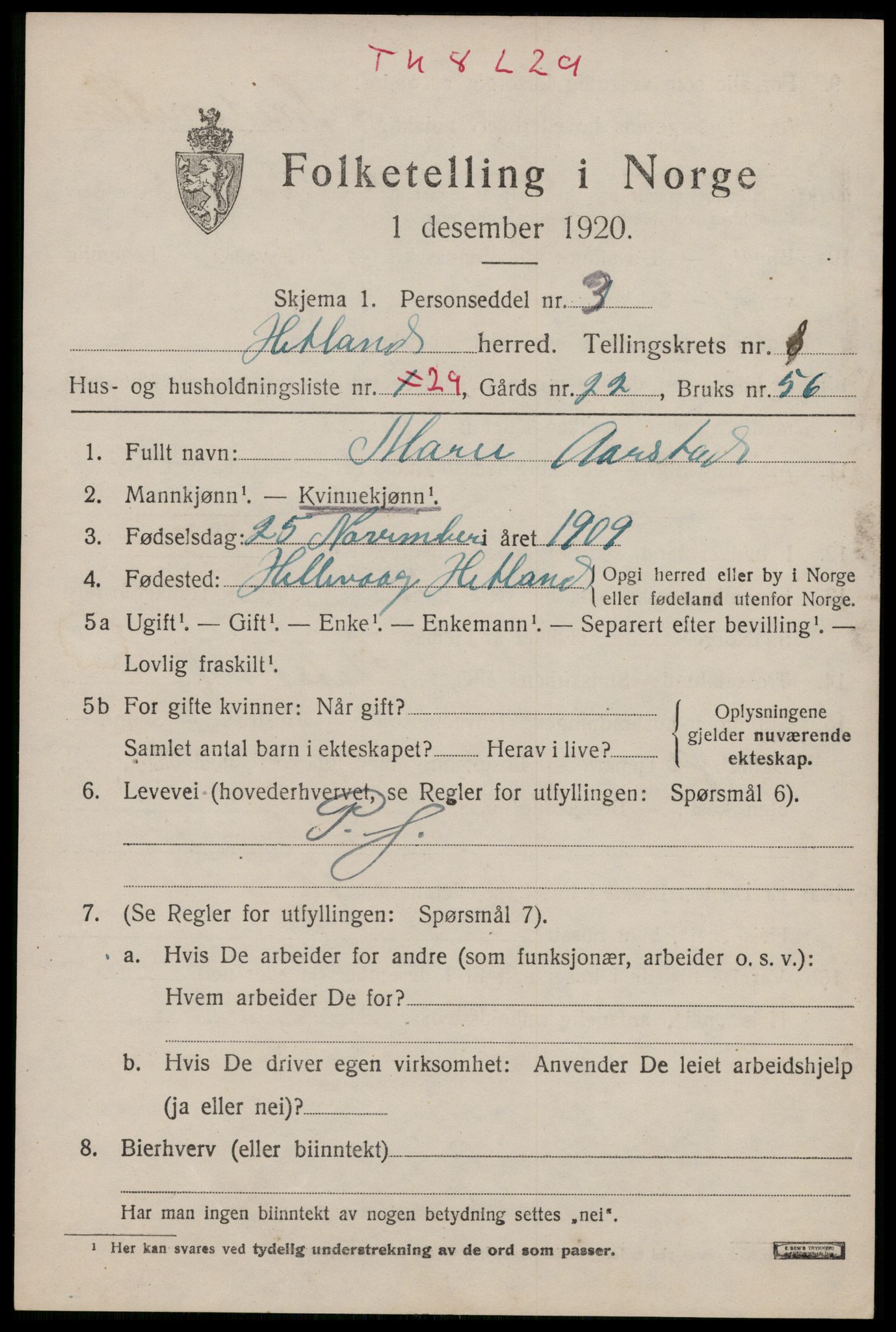 SAST, Folketelling 1920 for 1126 Hetland herred, 1920, s. 16047