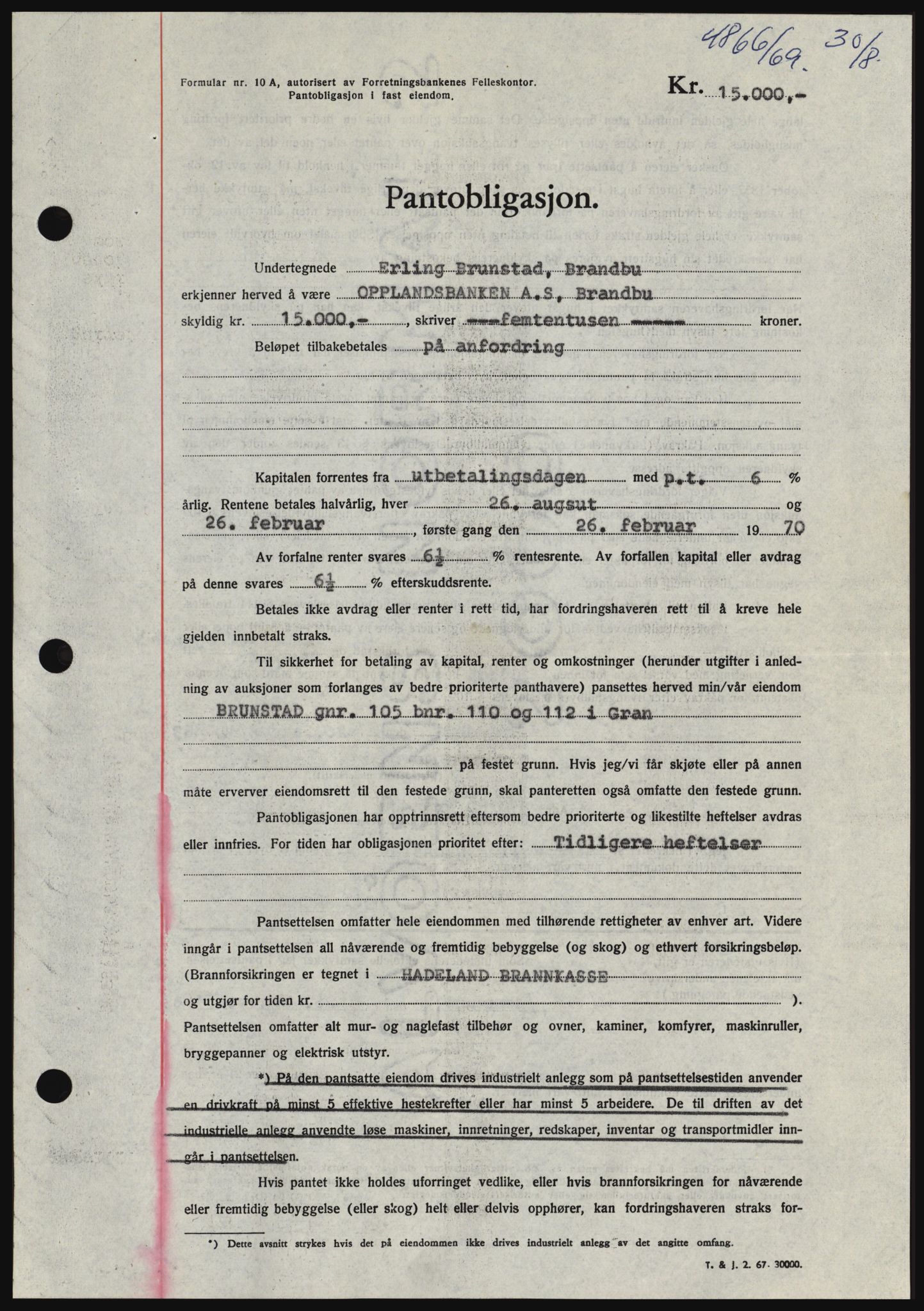 Hadeland og Land tingrett, SAH/TING-010/H/Hb/Hbc/L0074: Pantebok nr. B74, 1969-1969, Dagboknr: 4866/1969