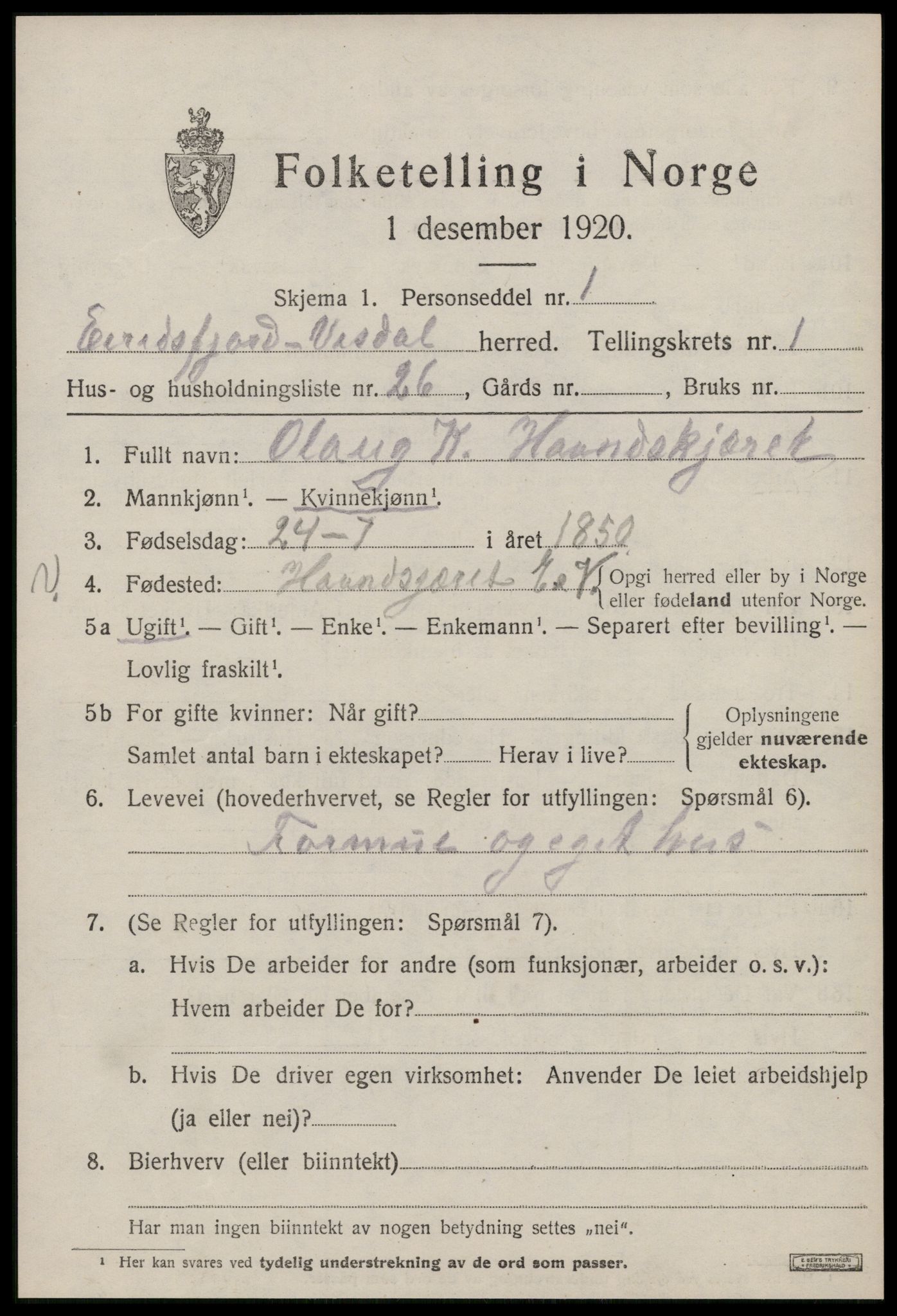SAT, Folketelling 1920 for 1542 Eresfjord og Vistdal herred, 1920, s. 911