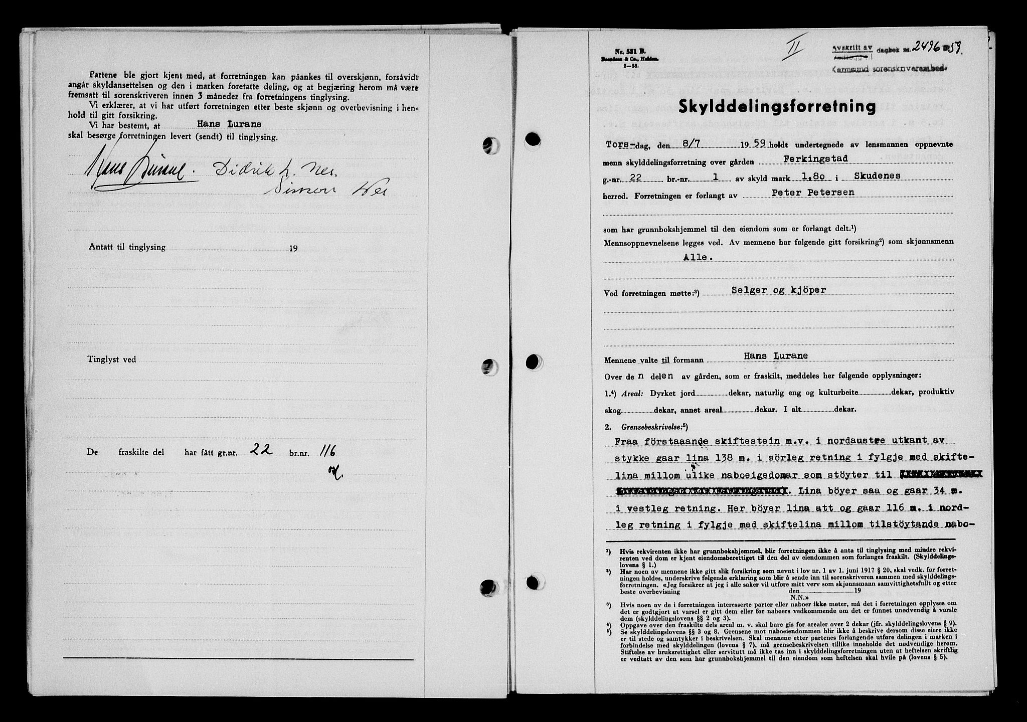 Karmsund sorenskriveri, SAST/A-100311/01/II/IIB/L0132: Pantebok nr. 112A, 1959-1959, Dagboknr: 2496/1959
