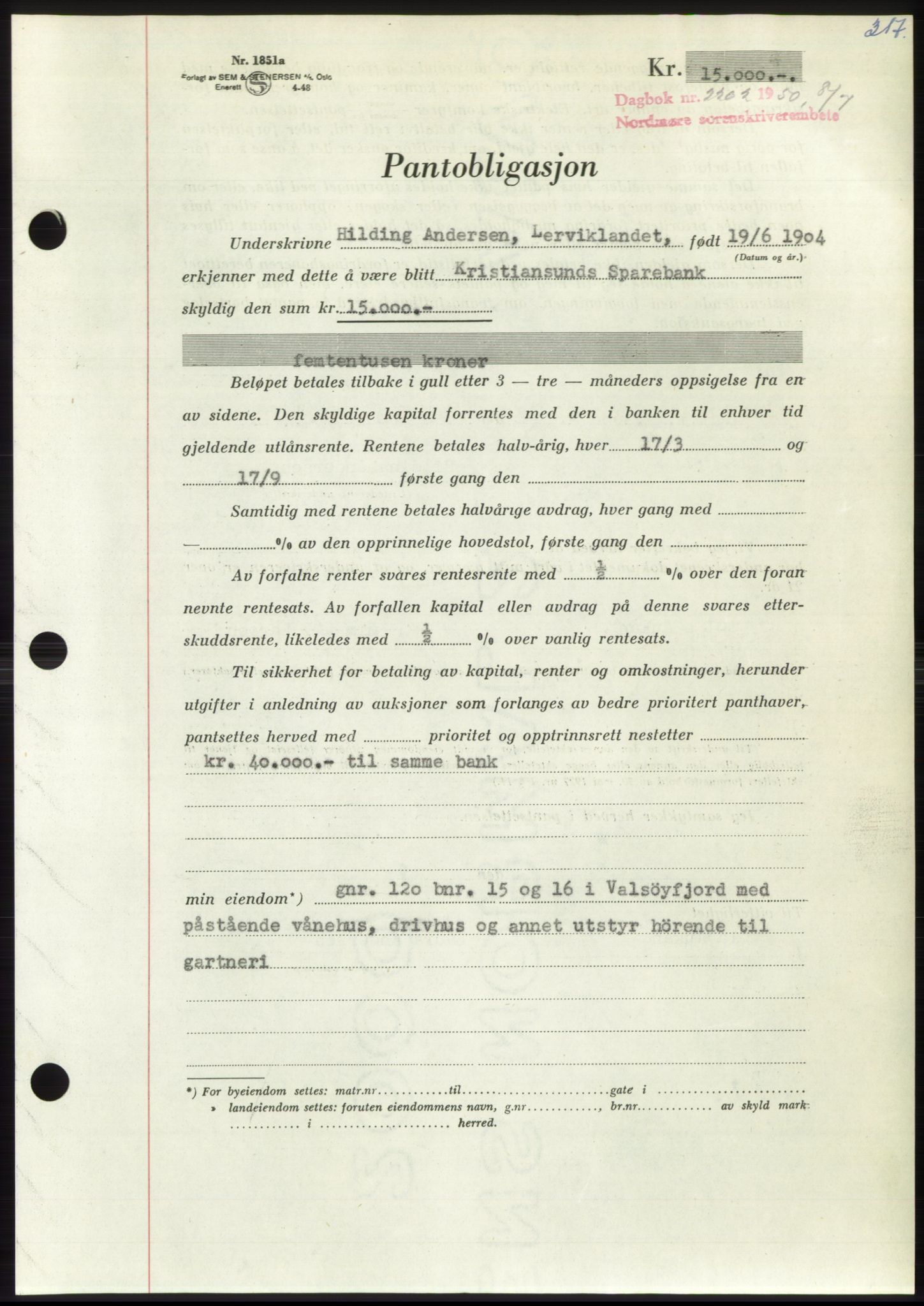 Nordmøre sorenskriveri, AV/SAT-A-4132/1/2/2Ca: Pantebok nr. B105, 1950-1950, Dagboknr: 2202/1950