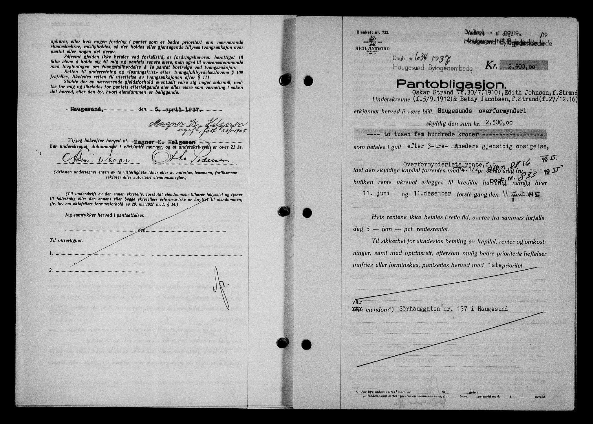 Haugesund tingrett, SAST/A-101415/01/II/IIC/L0031: Pantebok nr. 31, 1936-1938, Dagboknr: 634/1937