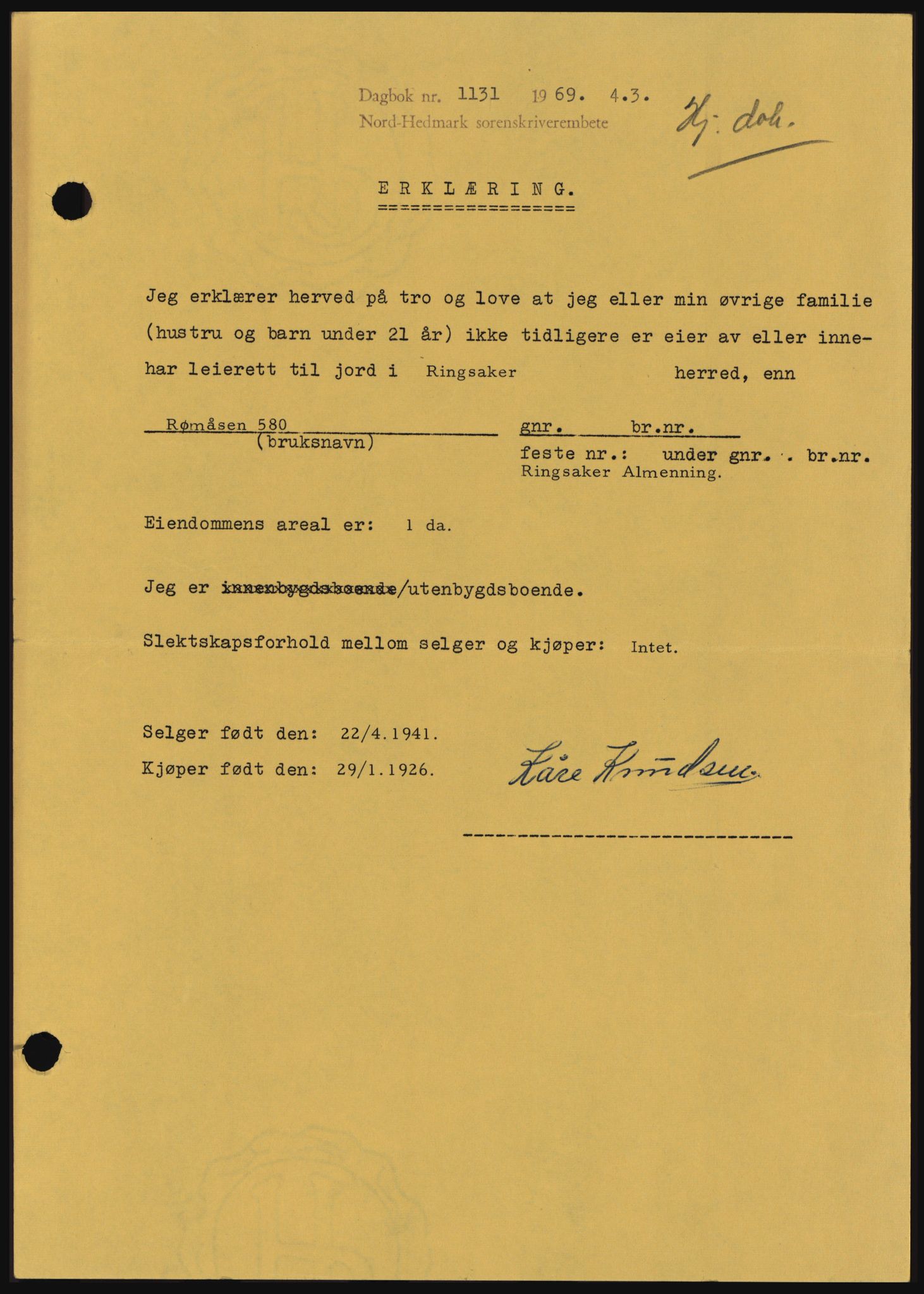 Nord-Hedmark sorenskriveri, SAH/TING-012/H/Hc/L0030: Pantebok nr. 30, 1969-1969, Dagboknr: 1131/1969