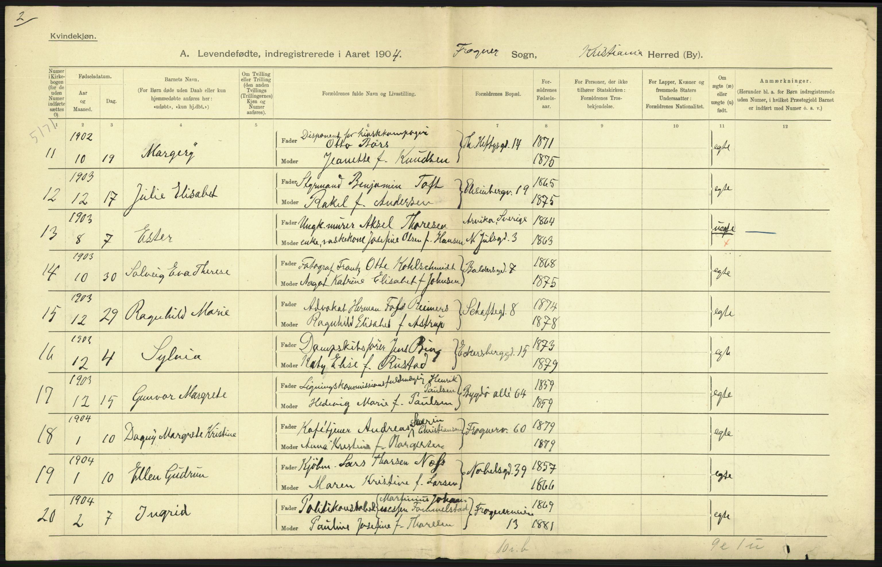 Statistisk sentralbyrå, Sosiodemografiske emner, Befolkning, AV/RA-S-2228/D/Df/Dfa/Dfab/L0003: Kristiania: Fødte, 1904, s. 49