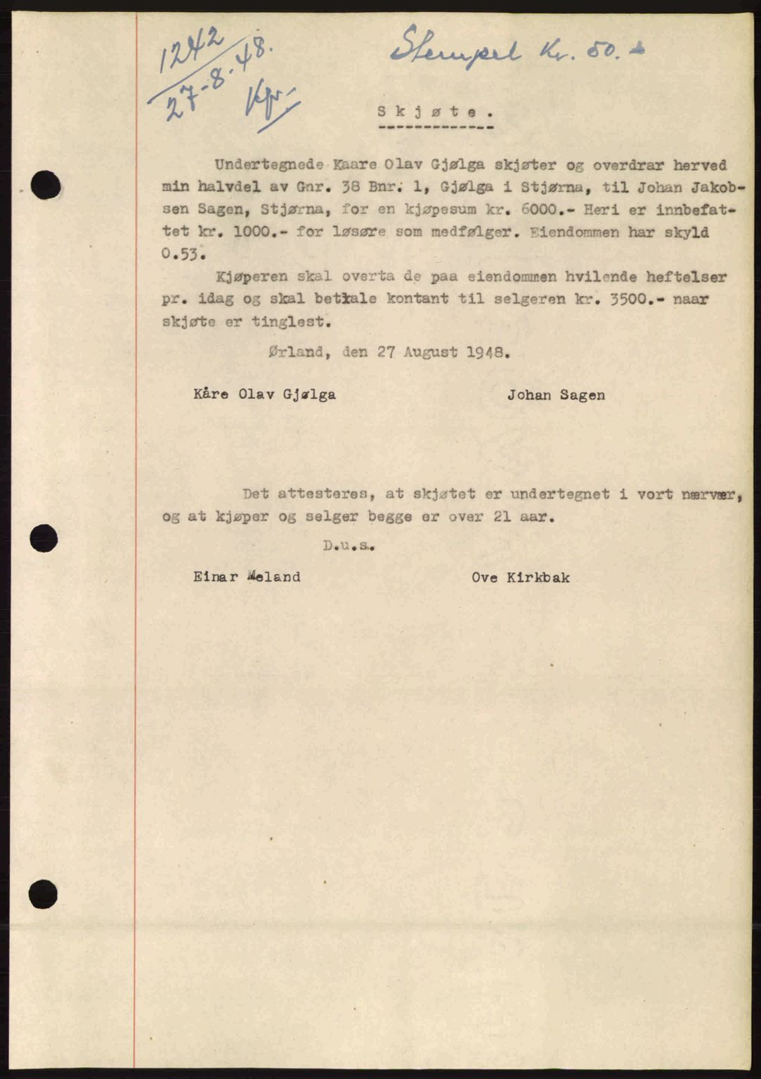 Fosen sorenskriveri, AV/SAT-A-1107/1/2/2C: Pantebok nr. A8, 1948-1948, Dagboknr: 1242/1948