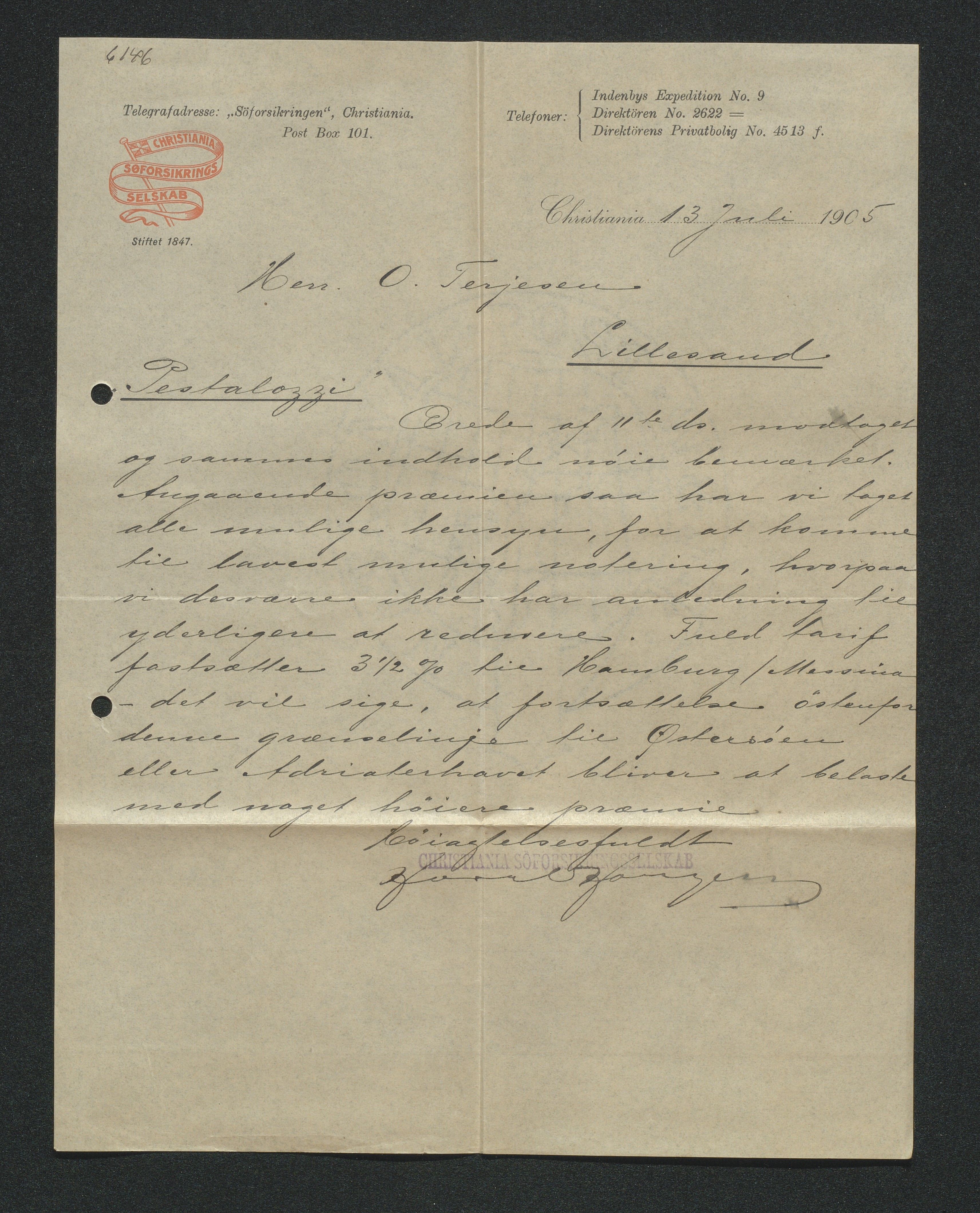 O. Terjesens rederi, AAKS/PA-2525/E/E01/L0013: Korrespondanse, 1904-1905