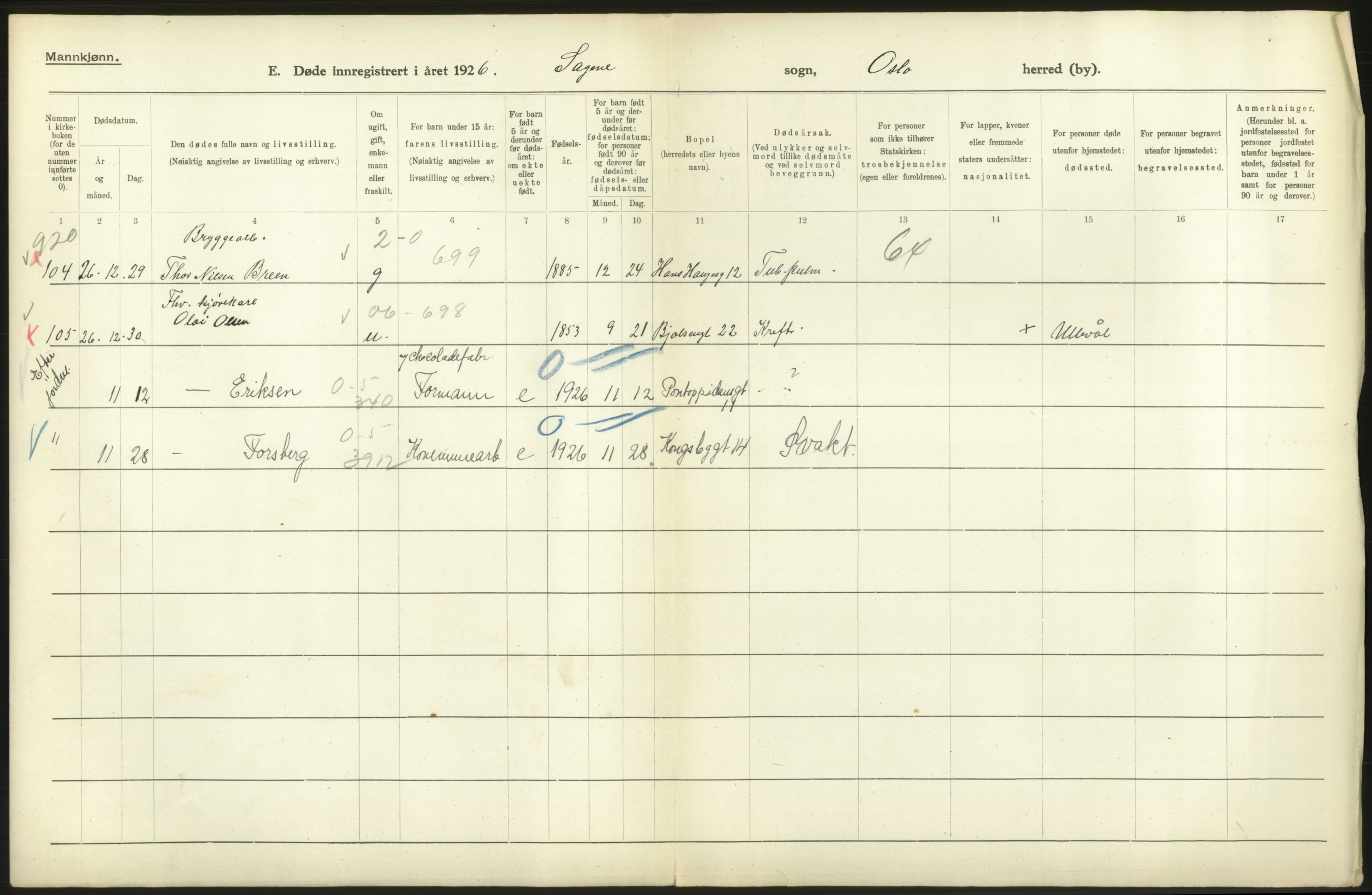 Statistisk sentralbyrå, Sosiodemografiske emner, Befolkning, RA/S-2228/D/Df/Dfc/Dfcf/L0009: Oslo: Døde menn, 1926, s. 388