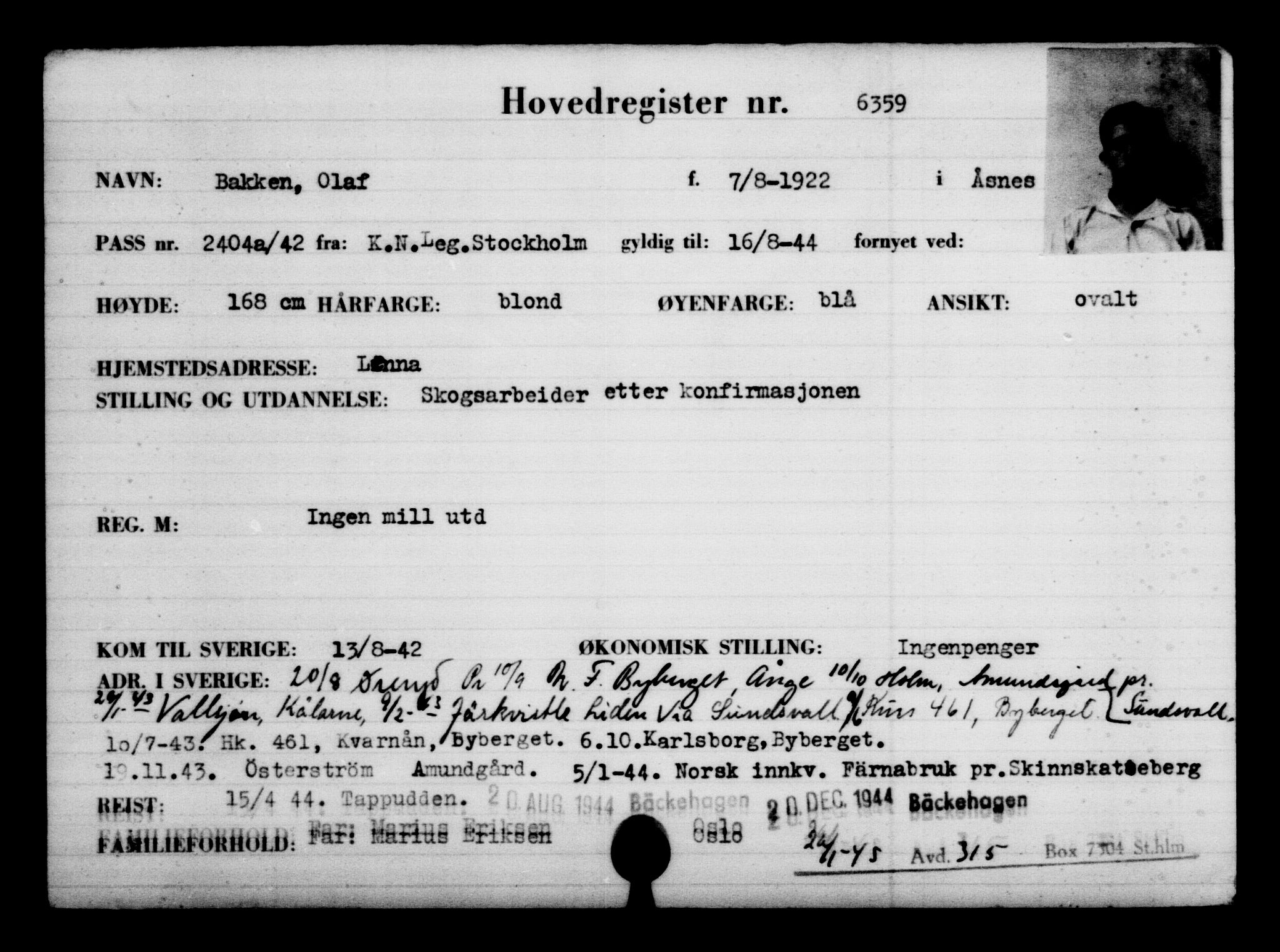 Utenriksstasjonene, Legasjonen i Stockholm, Flyktningkontoret, AV/RA-S-6753/V/Va/L0004: Kjesäterkartoteket, flyktninger med registreringsnr. 3496-6610, 1940-1945, s. 3388