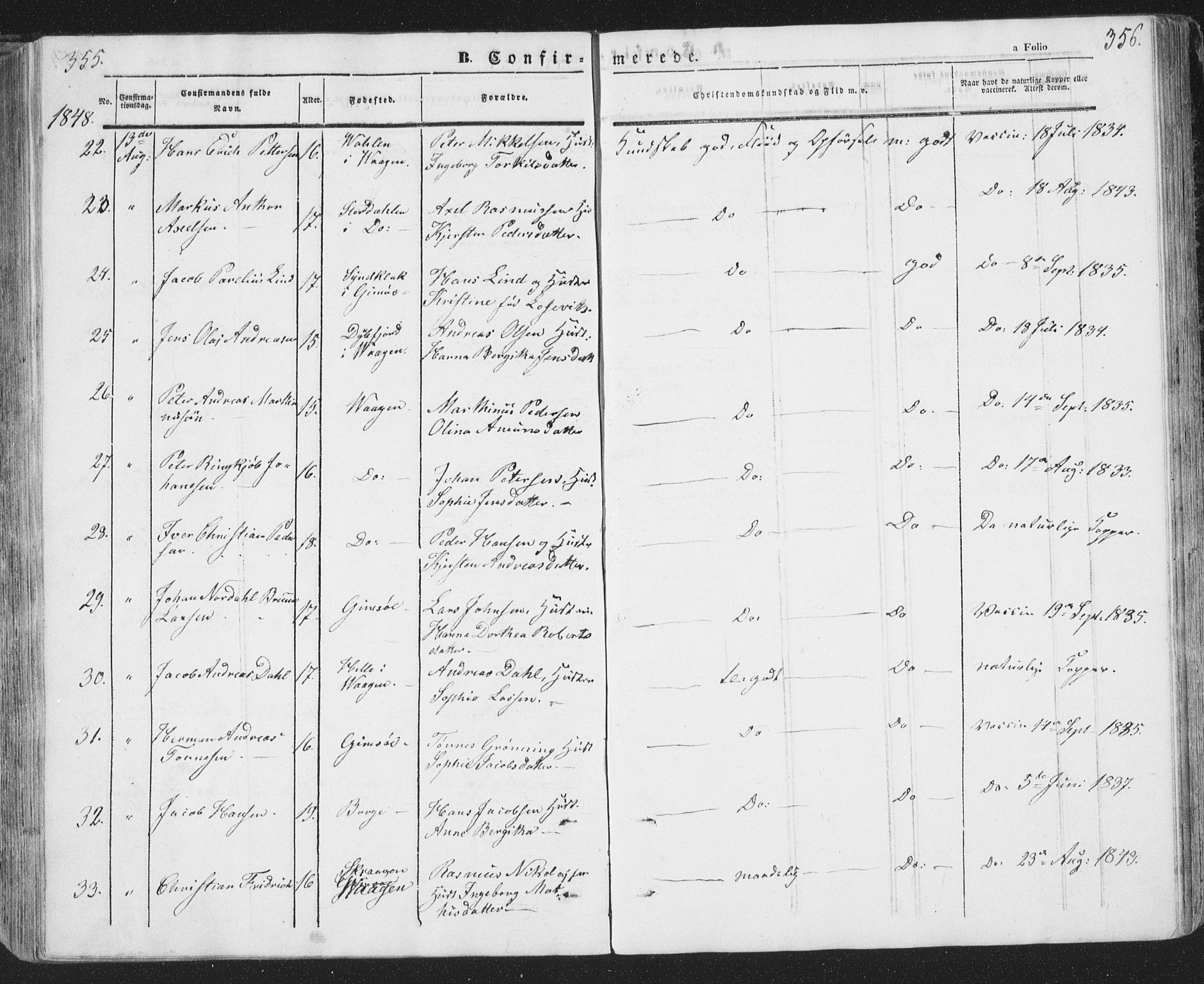 Ministerialprotokoller, klokkerbøker og fødselsregistre - Nordland, AV/SAT-A-1459/874/L1072: Klokkerbok nr. 874C01, 1843-1859, s. 355-356
