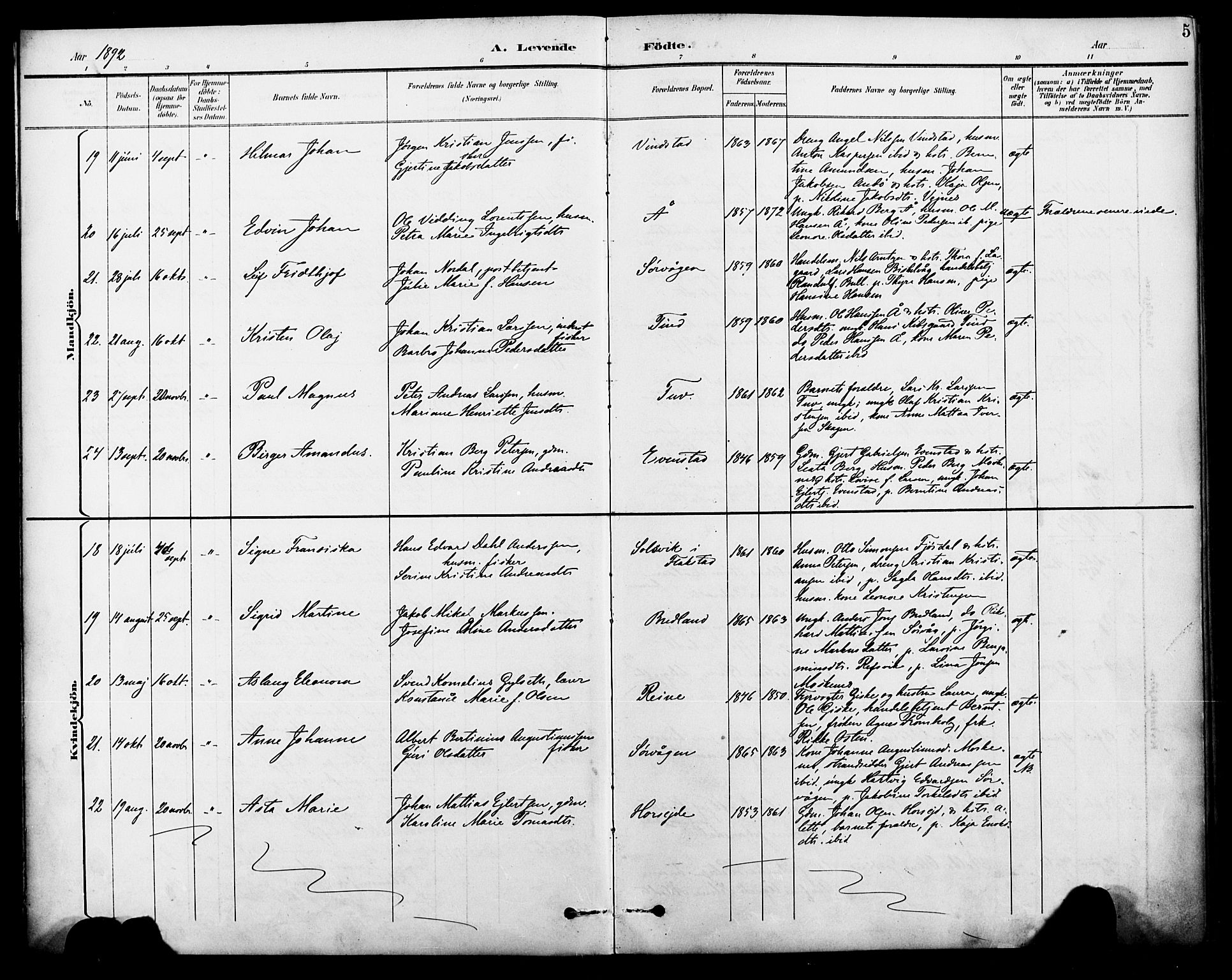 Ministerialprotokoller, klokkerbøker og fødselsregistre - Nordland, AV/SAT-A-1459/886/L1220: Ministerialbok nr. 886A02, 1892-1903, s. 5