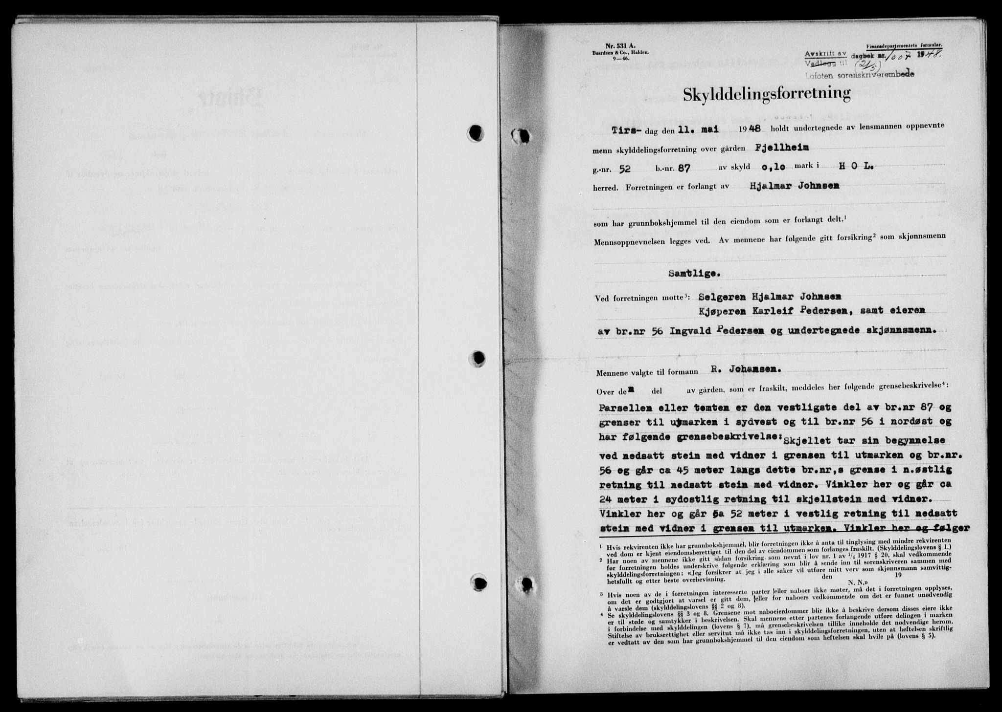 Lofoten sorenskriveri, SAT/A-0017/1/2/2C/L0018a: Pantebok nr. 18a, 1948-1948, Dagboknr: 1007/1948