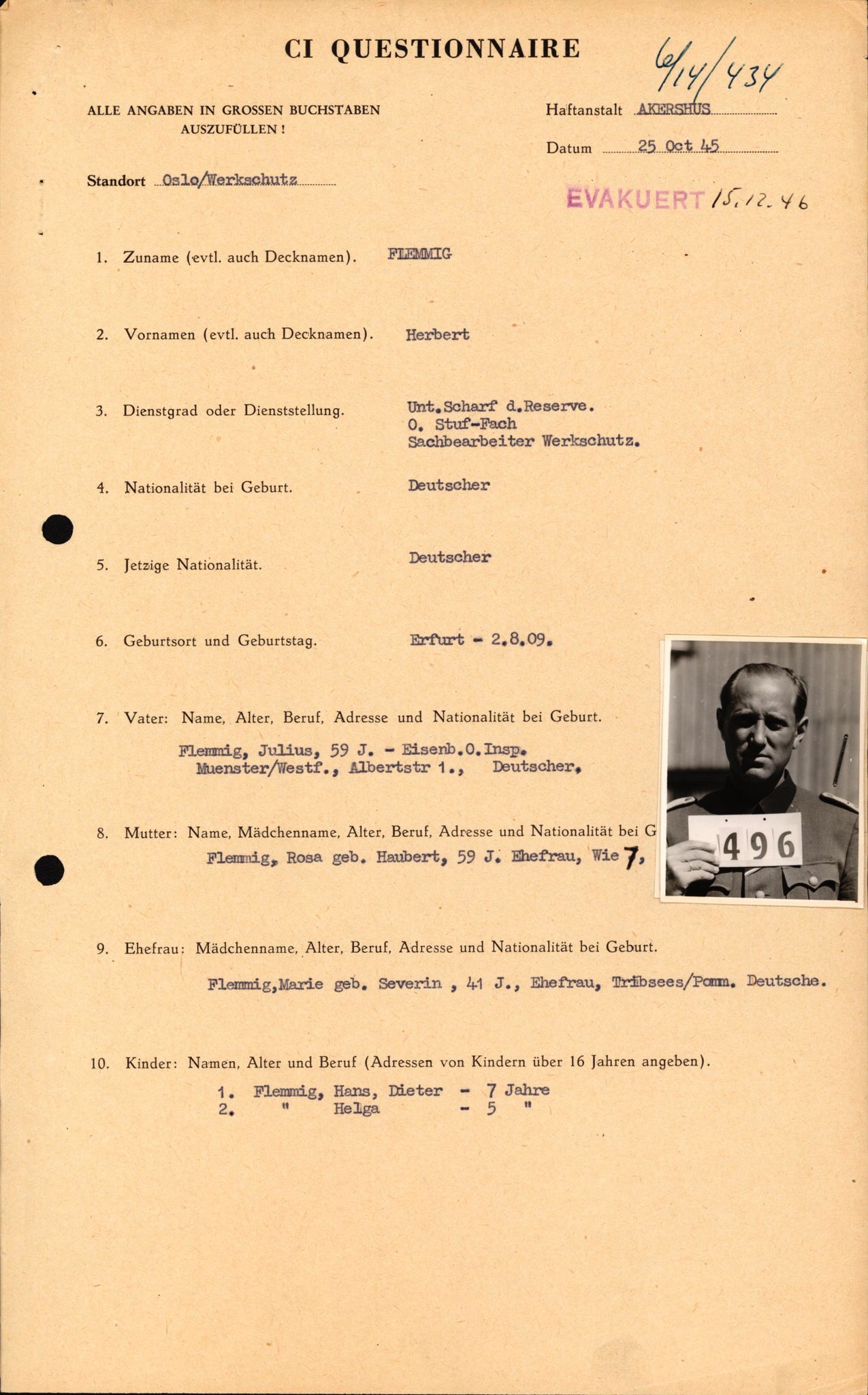 Forsvaret, Forsvarets overkommando II, AV/RA-RAFA-3915/D/Db/L0008: CI Questionaires. Tyske okkupasjonsstyrker i Norge. Tyskere., 1945-1946, s. 170