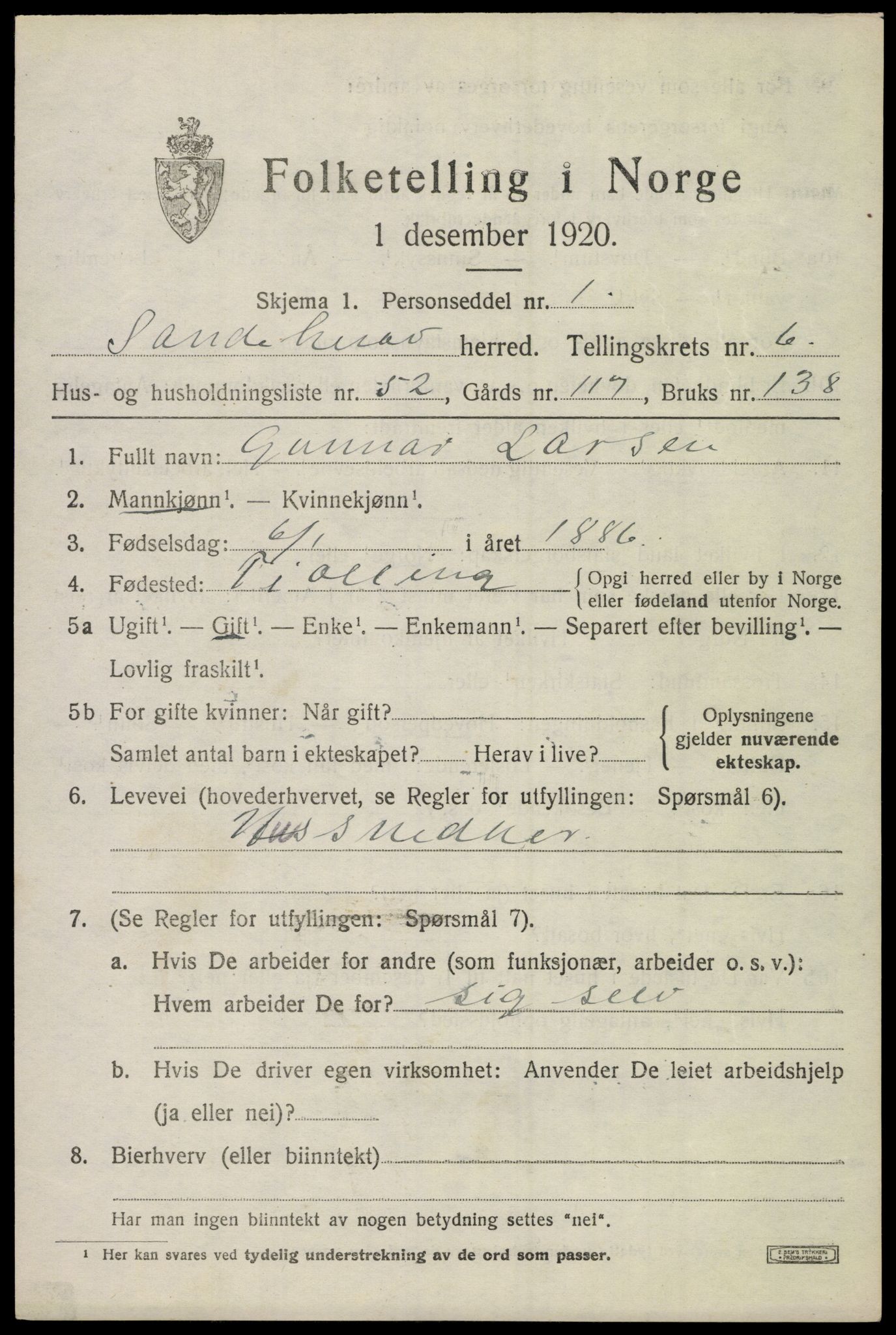 SAKO, Folketelling 1920 for 0724 Sandeherred herred, 1920, s. 10268