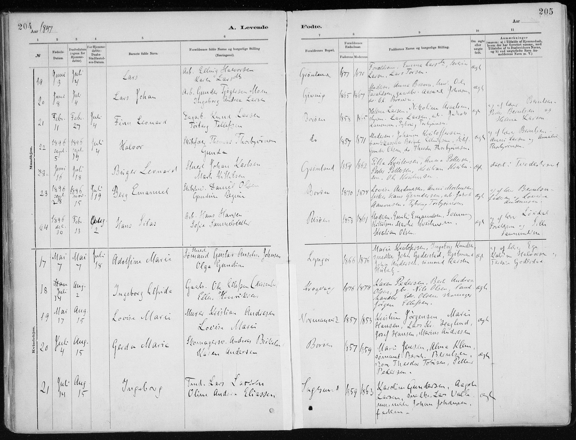 Dypvåg sokneprestkontor, AV/SAK-1111-0007/F/Fa/Faa/L0008: Ministerialbok nr. A 8, 1885-1906, s. 204-205
