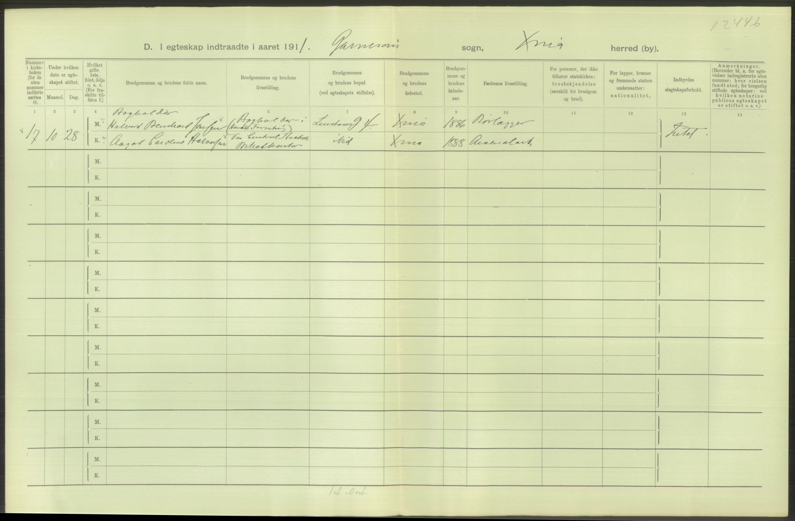 Statistisk sentralbyrå, Sosiodemografiske emner, Befolkning, AV/RA-S-2228/D/Df/Dfb/Dfba/L0008: Kristiania: Gifte, 1911, s. 170