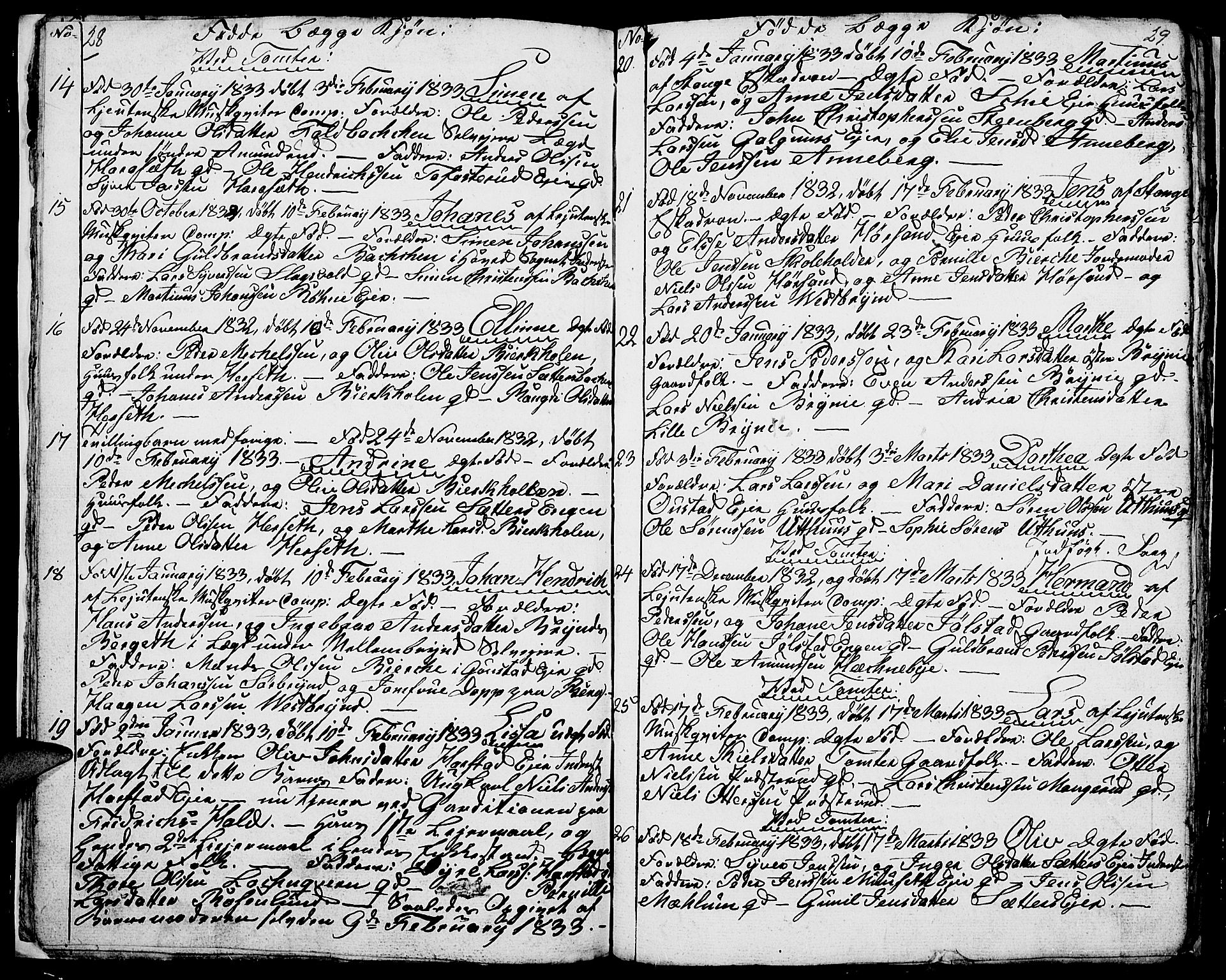 Romedal prestekontor, AV/SAH-PREST-004/L/L0007: Klokkerbok nr. 7, 1831-1837, s. 28-29